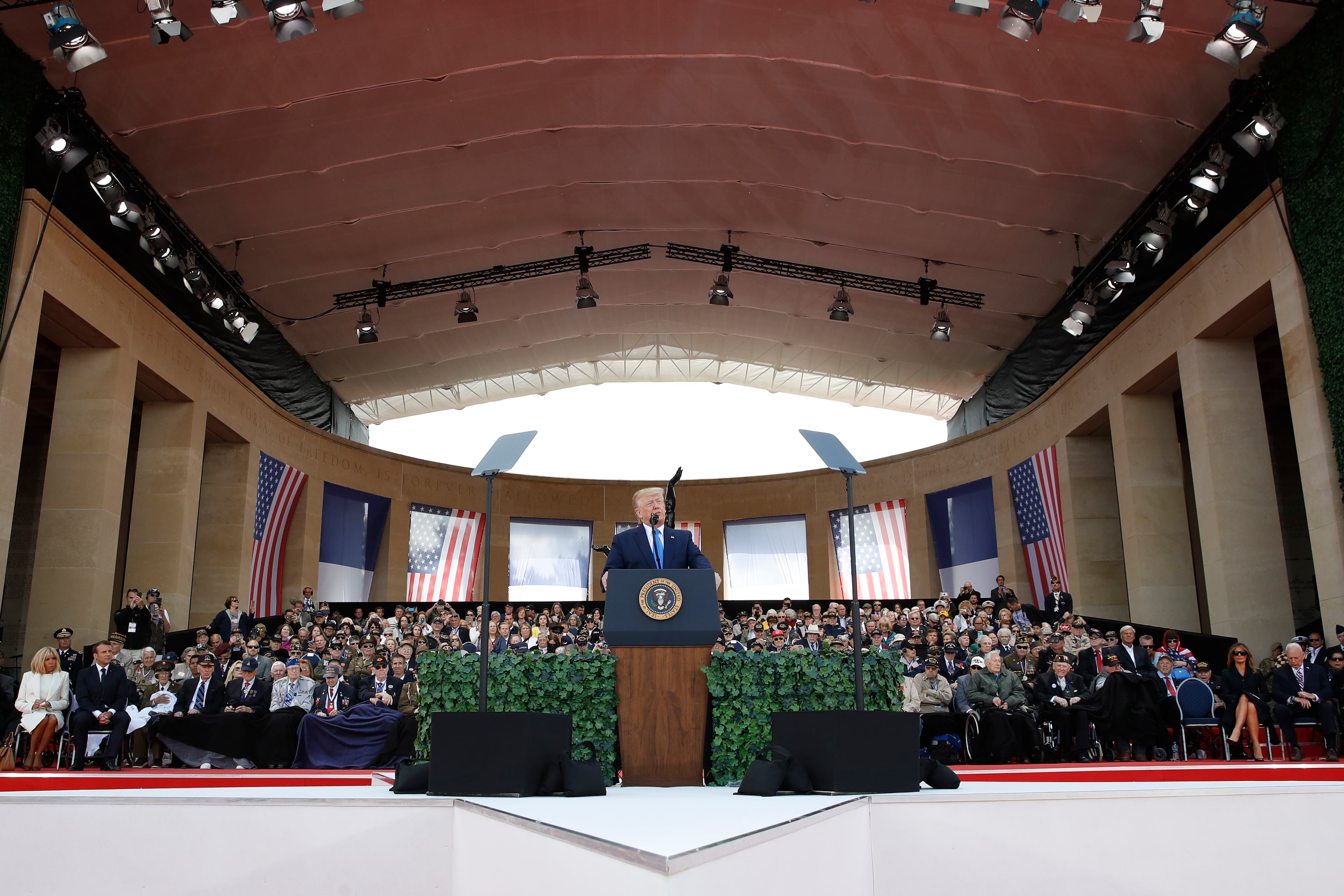 President Donald Trump speaks during a ceremony to commemorate the 75th anniversary of D-Day at the American Normandy cemetery, Thursday, June 6, 2019, in Colleville-sur-Mer, Normandy, France. (AP Photo/Alex Brandon)