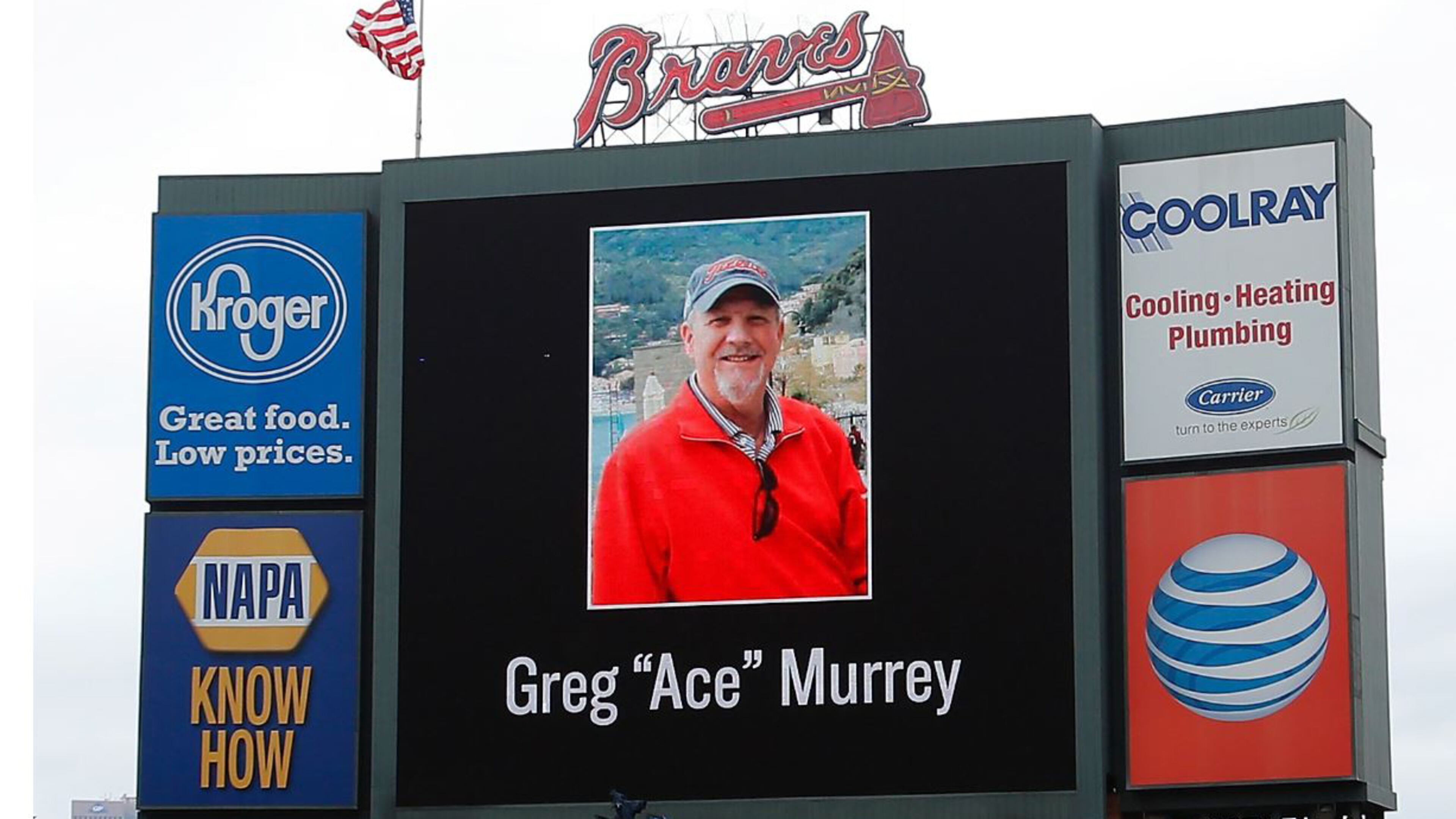 ATLANTA, GA - AUGUST 30: An American flag is lowered to half-staff in memory of a fan, Greg "Ace" Murrey, who fell to his death at the game between the Atlanta Braves and the New York Yankees on August 29, 2015, at Turner Field on August 30, 2015 in Atlanta, Georgia. (Photo by Kevin C. Cox/Getty Images)