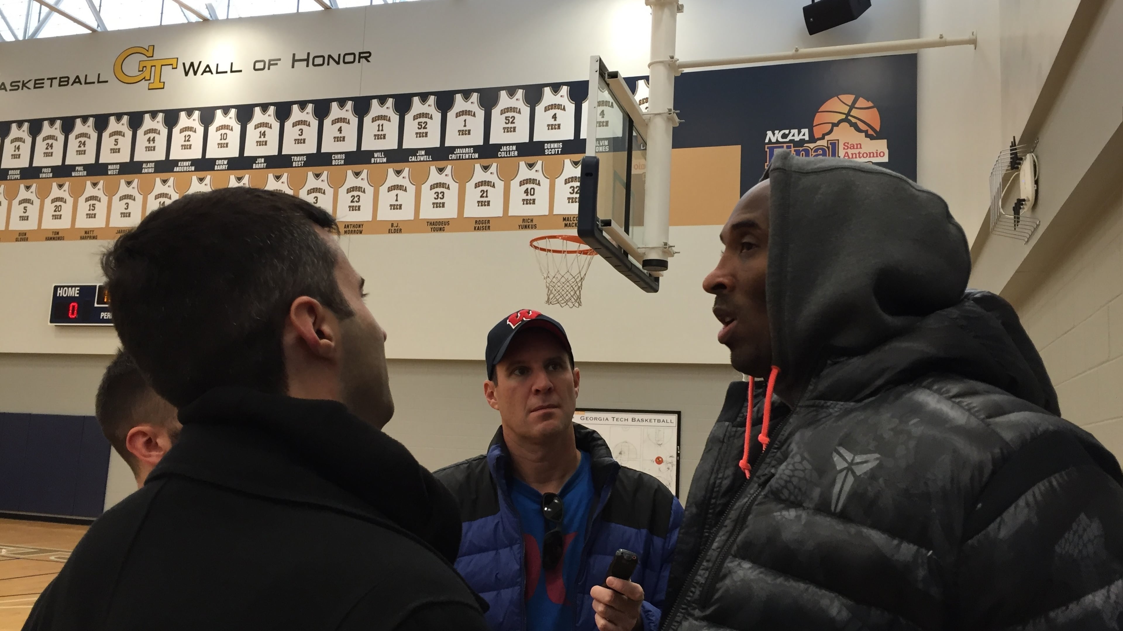 Basketball great Kobe Bryant speaks with media December 5, 2015, at the Zelnak Basketball Center at Georgia Tech. (Courtesy Simit Shah)