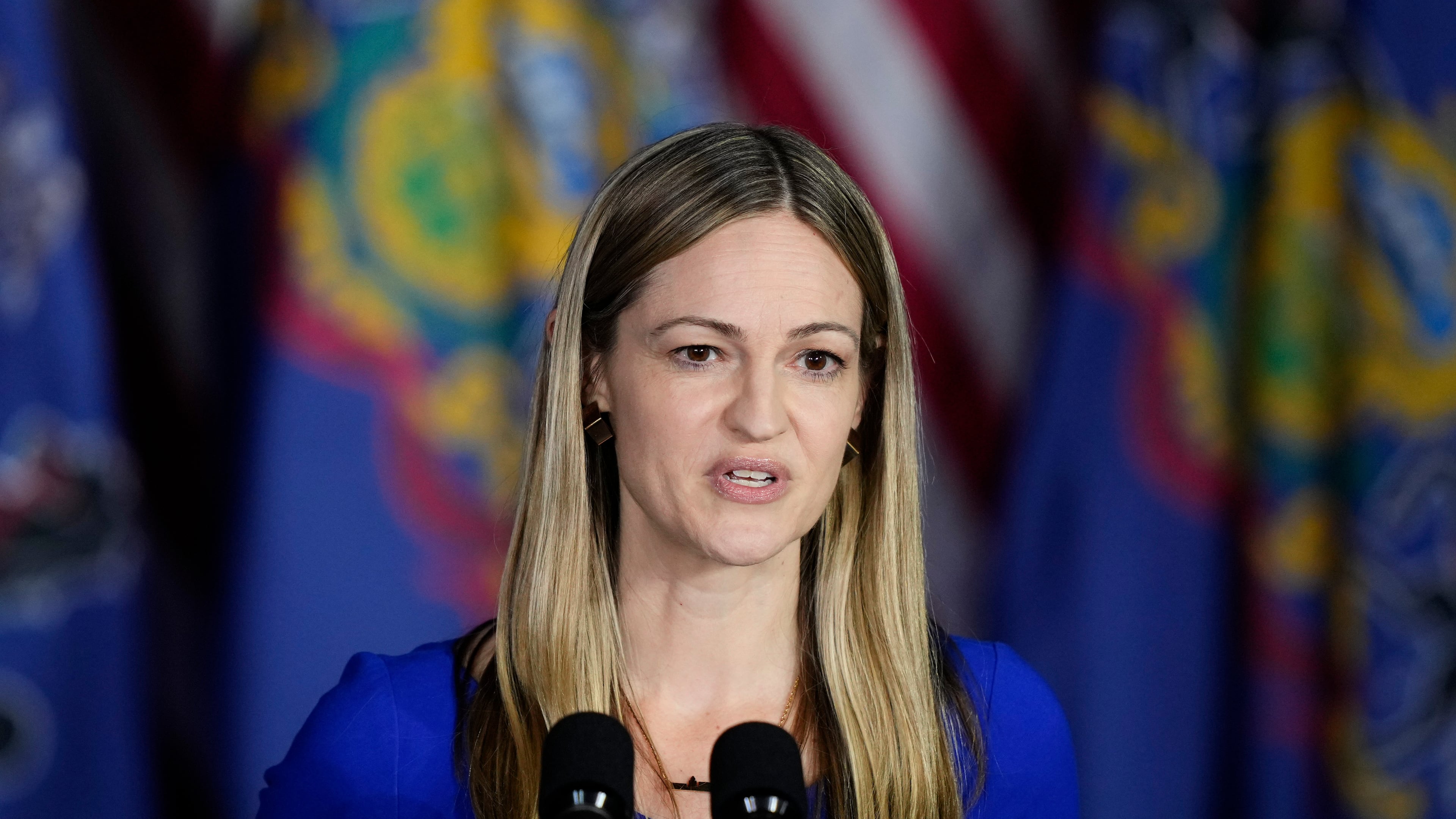 FILE - Scranton Mayor Paige Cognetti speaks during a President Joe Biden campaign event in Scranton, Pa., April 16, 2024. (AP Photo/Matt Rourke, File)