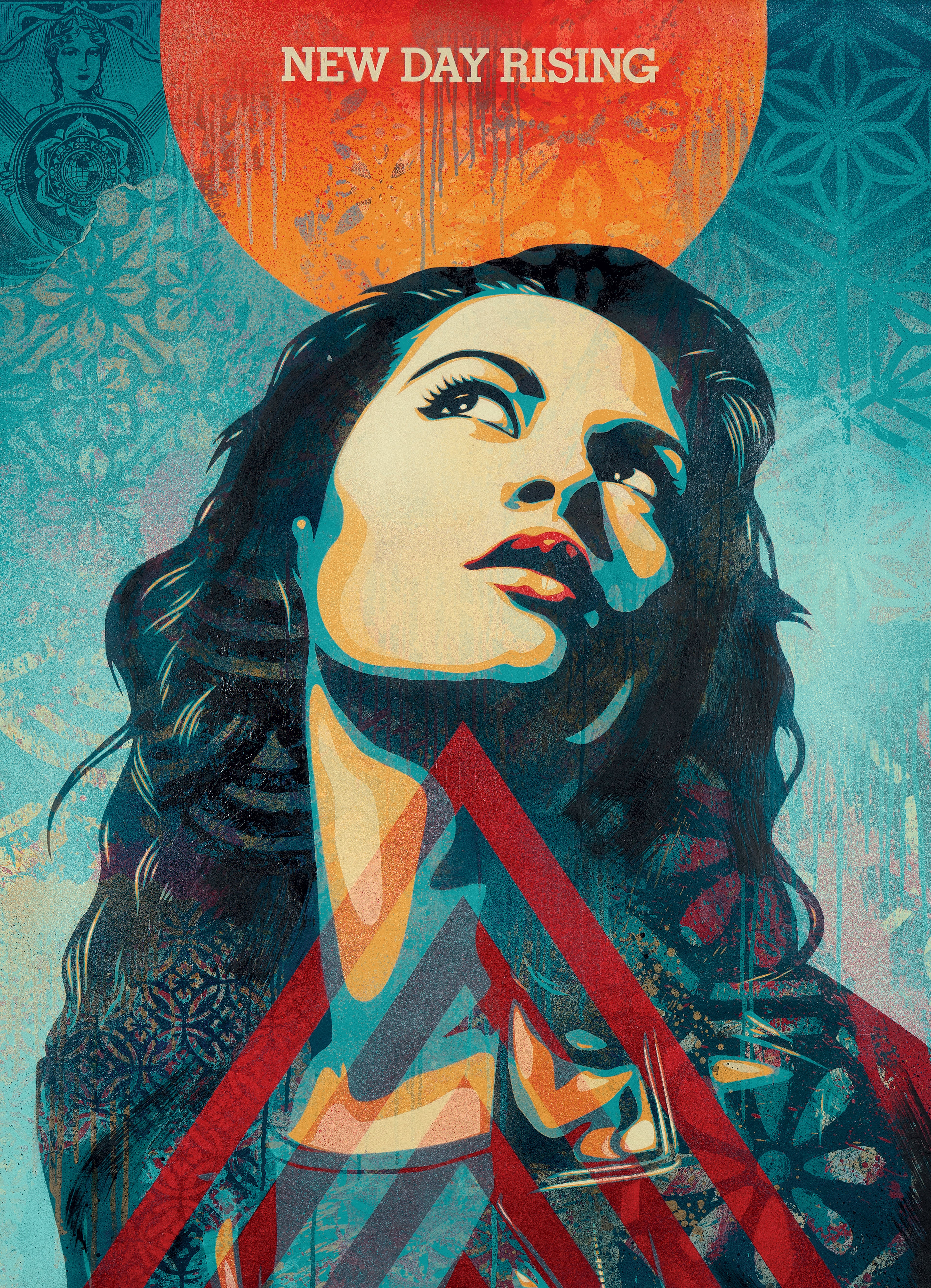 "New Day Rising" (2026) by Shepard Fairey, is the large title painting of the artist's new exhibit at ABV Gallery. It's stencil, silkscreen and collage on paper. (Courtesy of ABV Gallery)