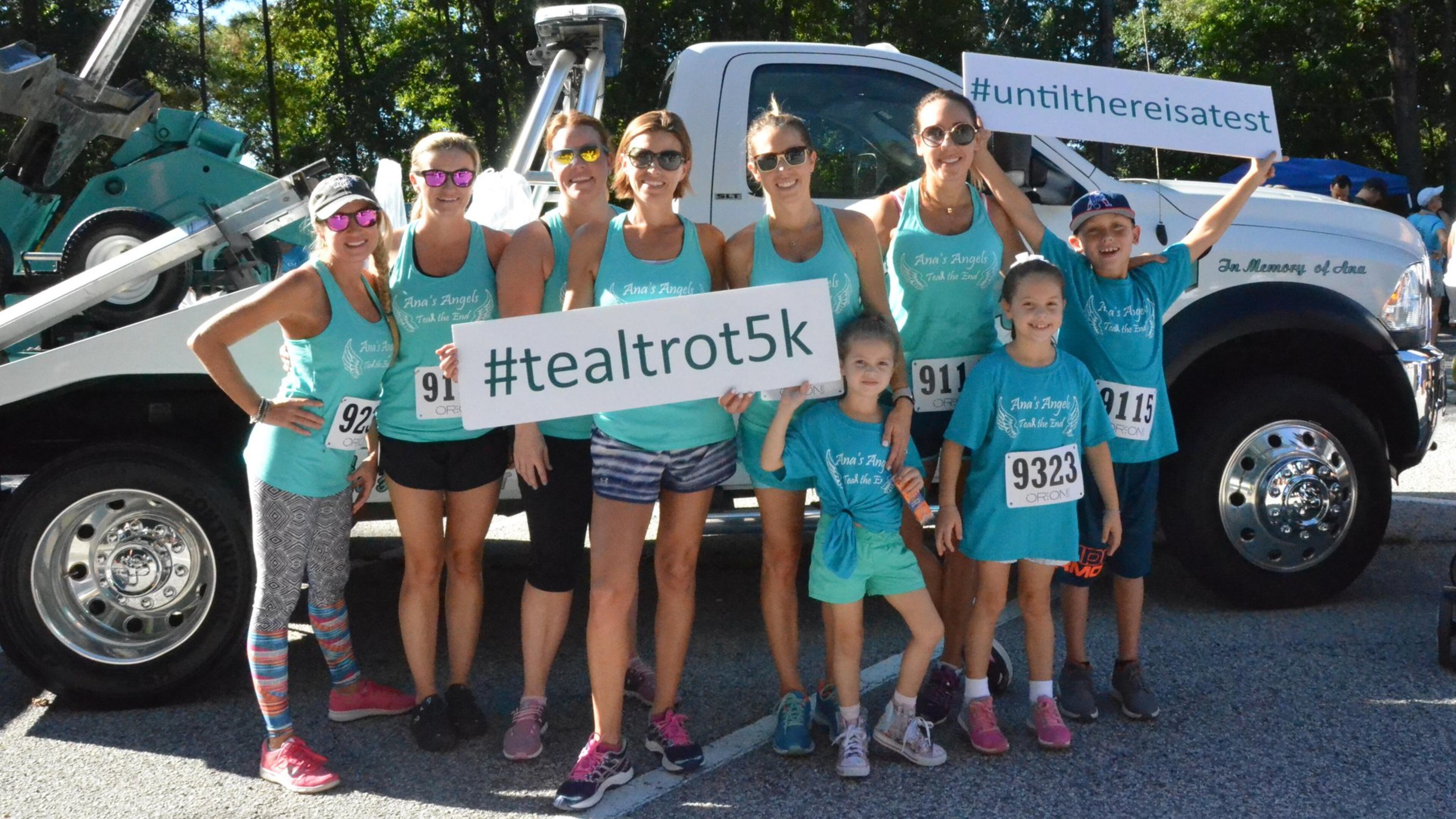 Georgia Ovarian Cancer Alliance Teal Trot 2018 - (L to R) - Julie Moore, Heather Prouty, Dawn Good, Tanya Morea, Emilia Trejos-Welchel, Adriana Welchel, Lucas Comora; (front row)- Clara Trejos, Juliana Welchel. Liliana Welchel (stroller).