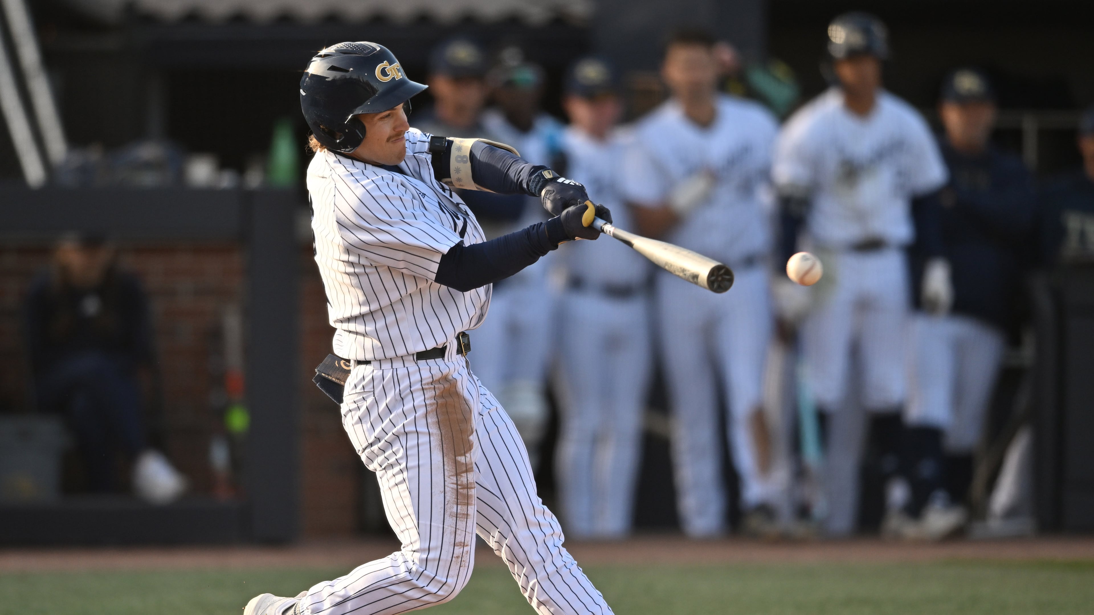 Georgia Tech outfielder Drew Burress swings during the third inning of a game against Georgia State at Georgia Tech’s Russ Chandler Stadium on Tuesday, Feb. 24, 2026, in Atlanta. (Hyosub Shin/AJC)