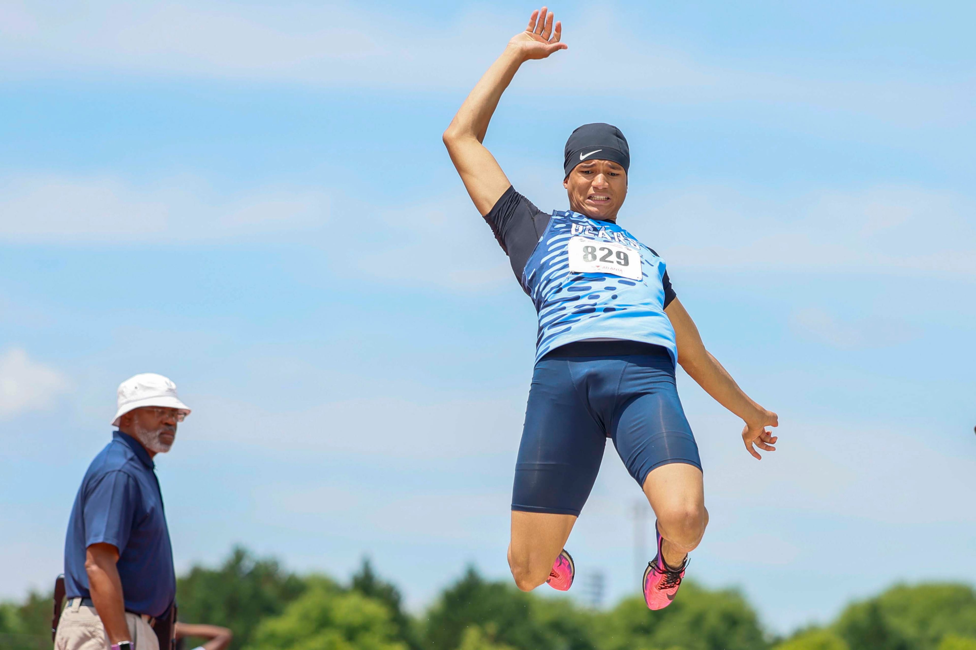 Grant Campbell from Cambridge High School attempts a long jump during the Boys long Jump AAAA at the GHSA track and field state championships held at UGA’s Spec Towns Track on Monday, May 11, 2026, in Athens. (Miguel Martinez/AJC)