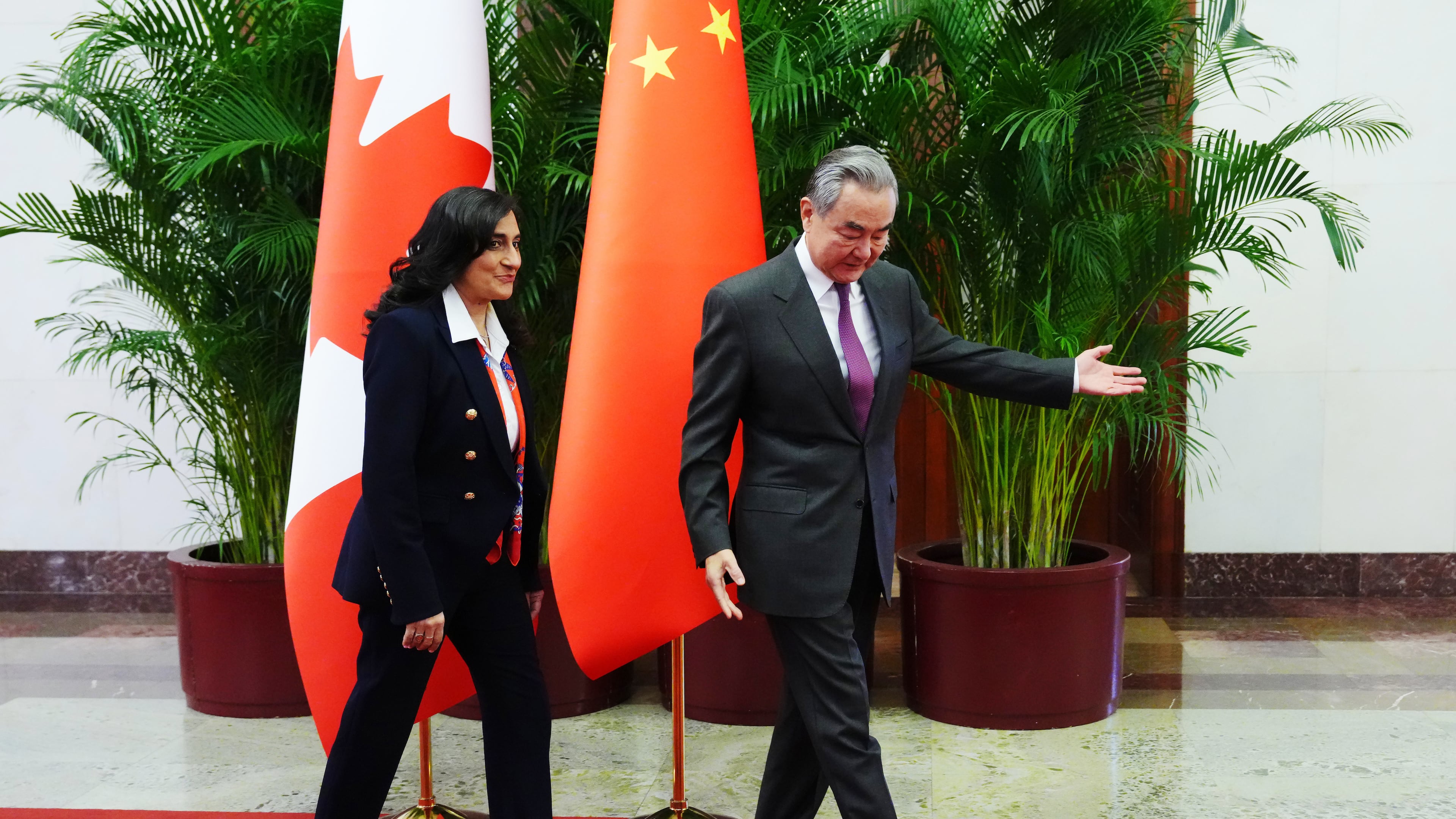 Canada's Foreign Minister Anita Anand, left, meets with Chinese Foreign Minister Wang Yi at the Great Hall of the People in Beijing, China Thursday, Jan. 15, 2026. (Sean Kilpatrick/The Canadian Press via AP)