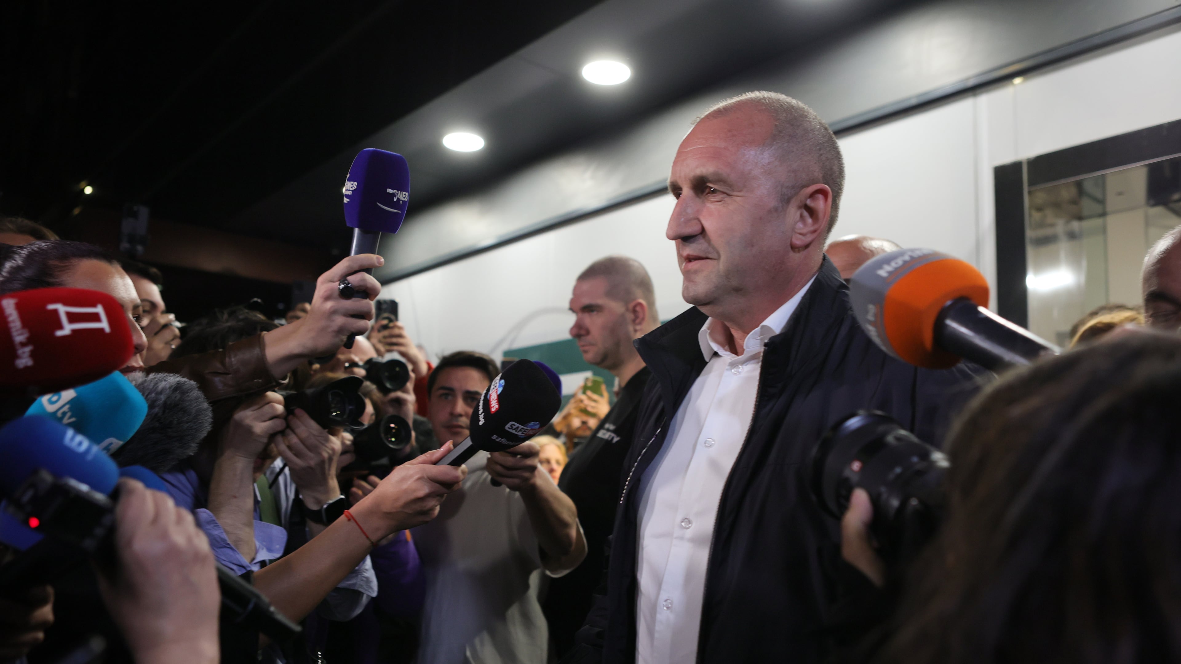 Former Bulgarian President Rumen Radev speaks to journalists after the polls closed in Sunday's election, in Sofia, Bulgaria, April 19, 2026. (AP Photo/Valentina Petrova)
