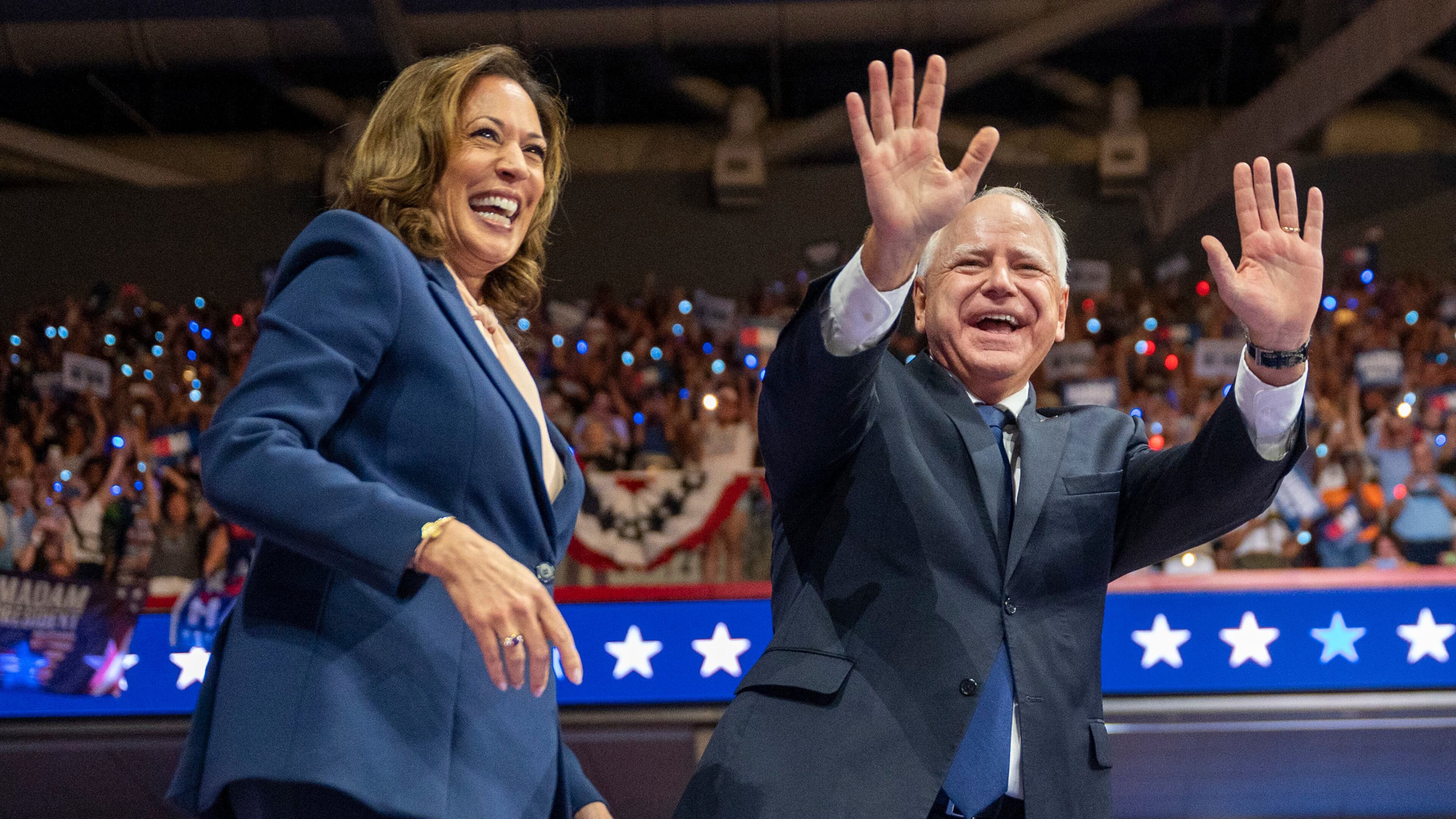 Vice President Kamala Harris and her running mate, Minnesota Gov. Tim Walz, campaign in Philadelphia on Tuesday.