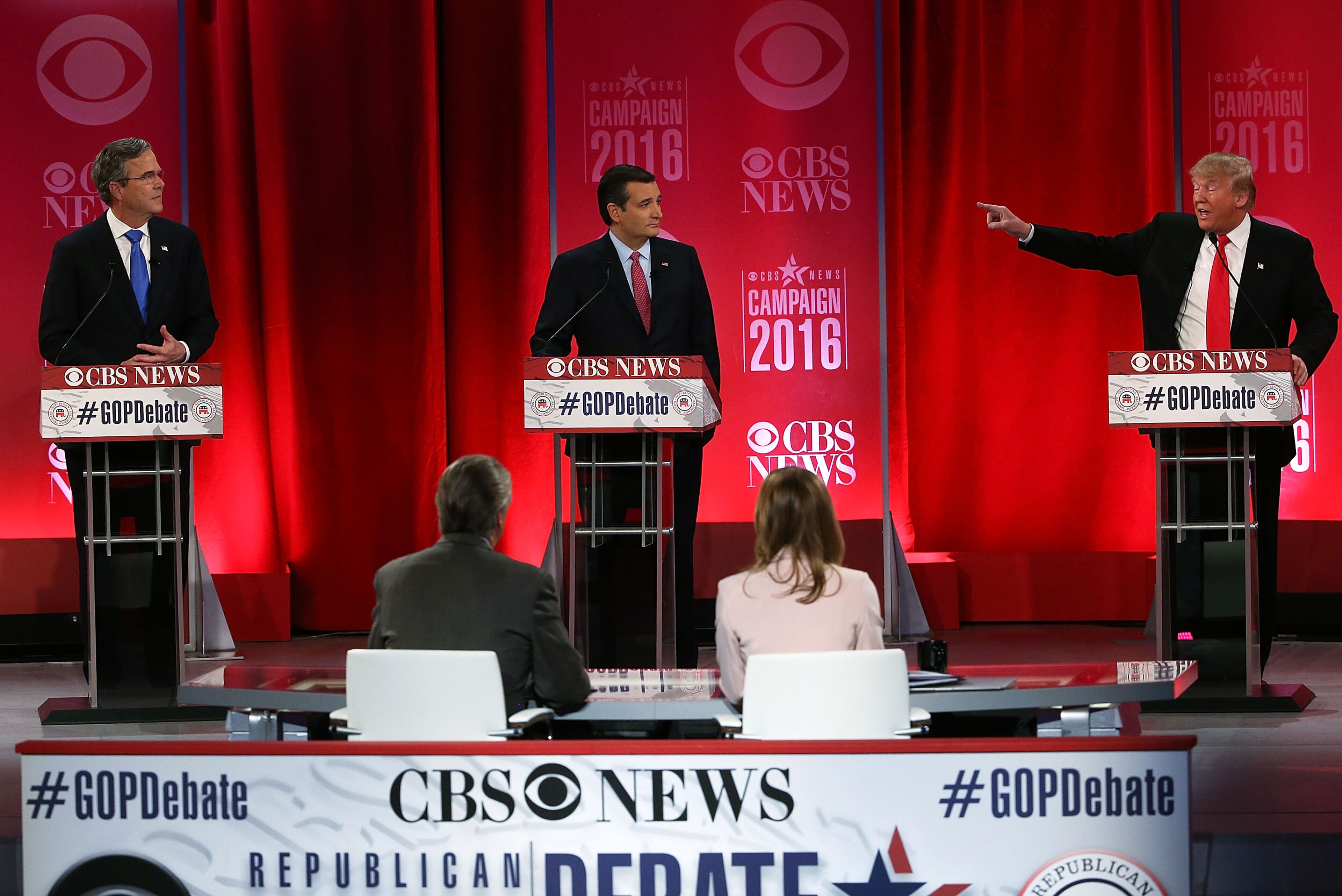 Republican presidential candidates (L-R) Jeb Bush, Sen. Ted Cruz (R-TX) and Donald Trump participate in a CBS News GOP Debate February 13, 2016 at the Peace Center in Greenville, South Carolina. Residents of South Carolina will vote for the Republican candidate at the primary on February 20. (Photo by Spencer Platt/Getty Images)