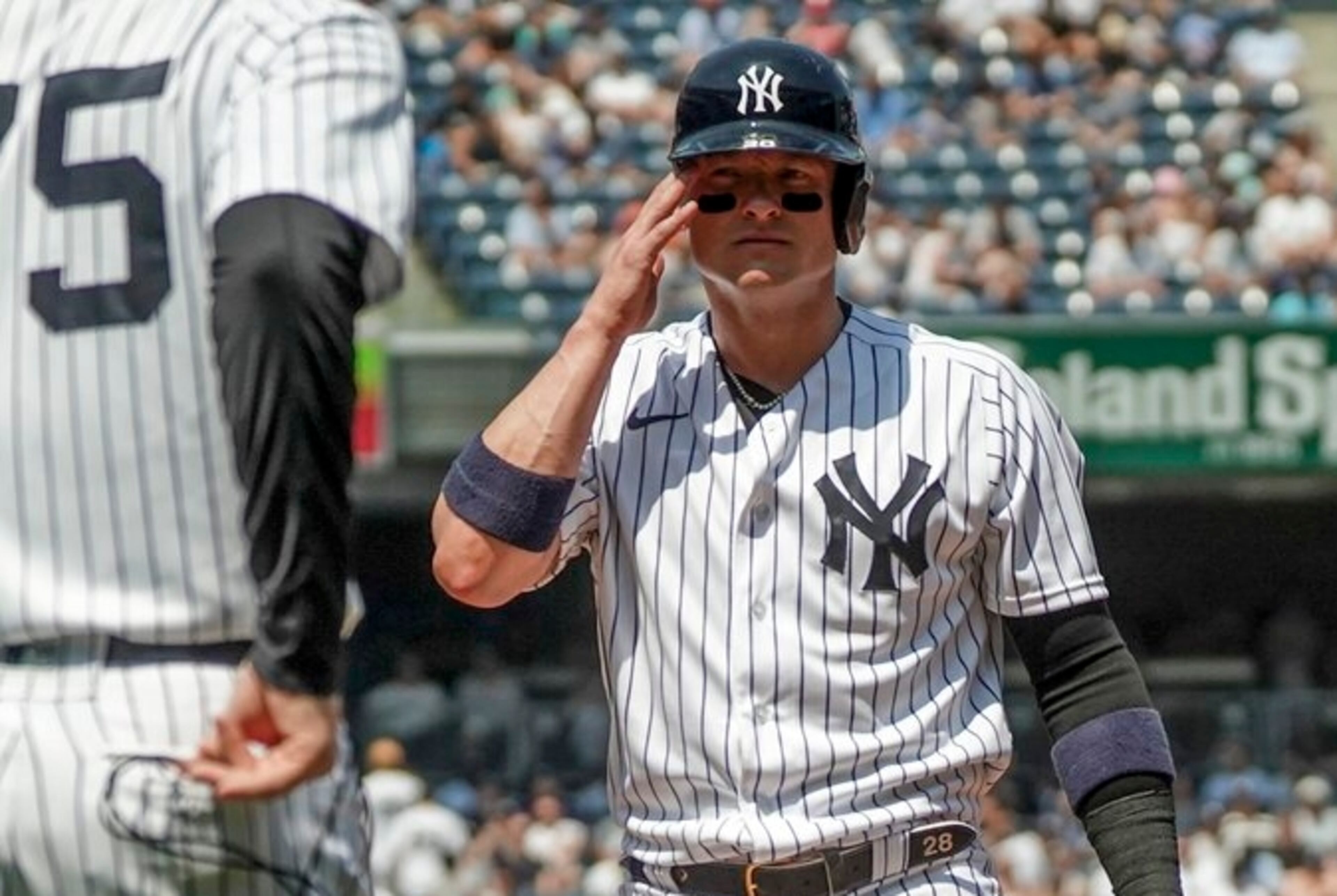 New York Yankees' Josh Donaldson (28) steps back to first base during the third inning of a baseball game against Chicago White Sox, Saturday May 21, 2022, in New York. (AP Photo/Bebeto Matthews)