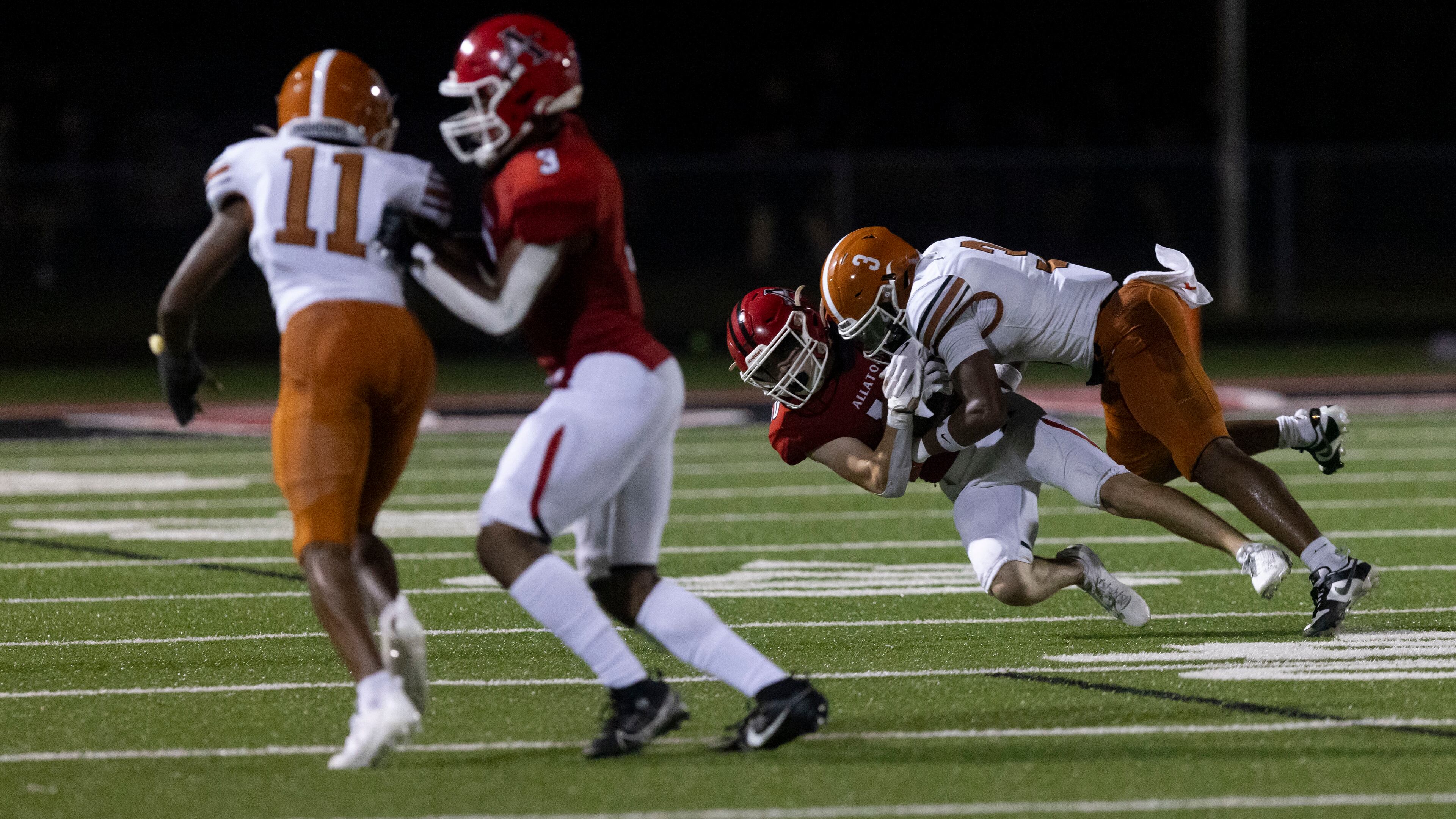 Allatoona’s Camden Phillips (10) is tackled during a GHSA High School Football game between Kell and Allatoona at Allatoona High School in Acworth, GA., on Friday, August 25, 2023. (Photo/Jenn Finch)