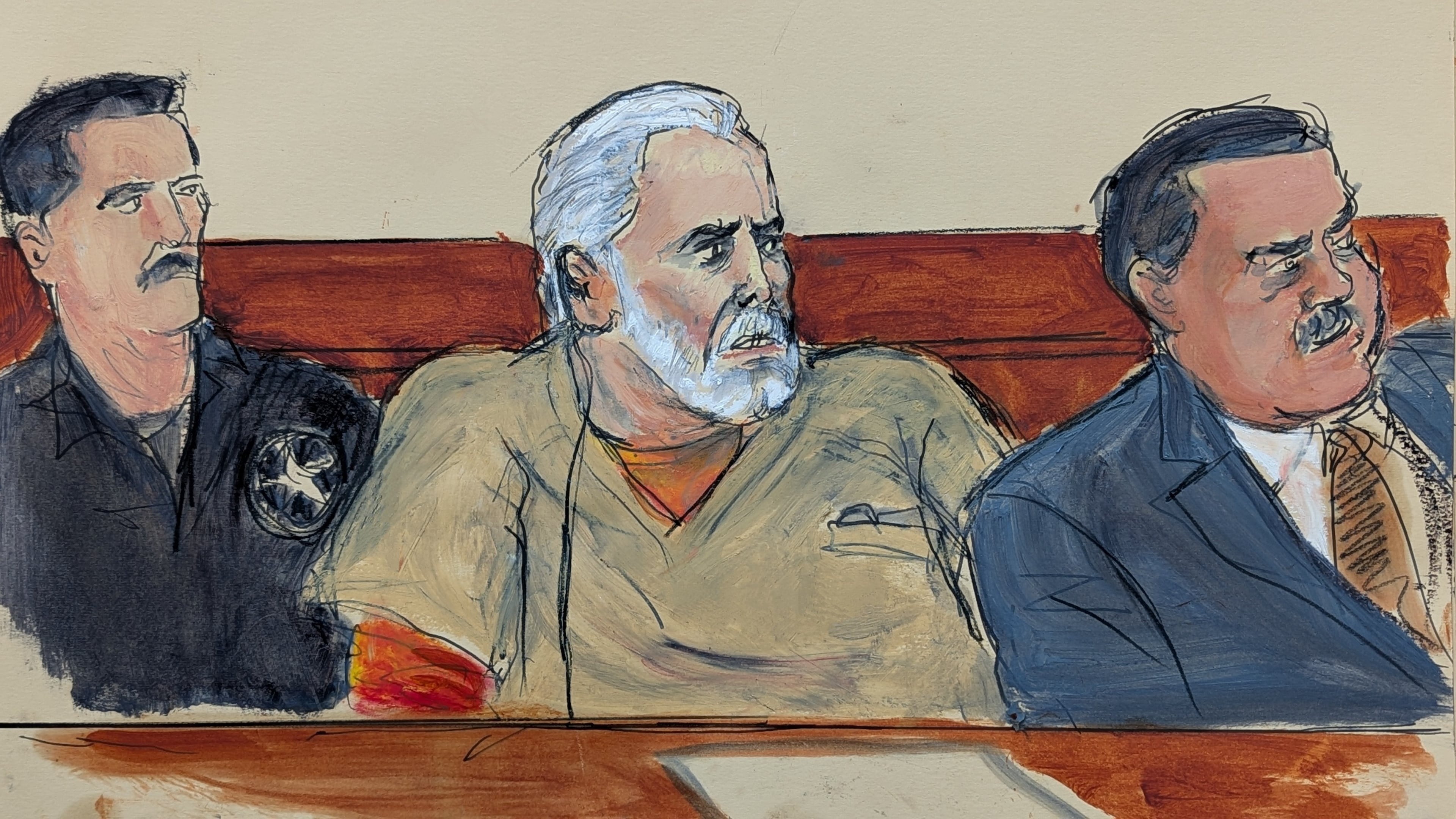 In this courtroom sketch, Ismael "El Mayo" Zambada, center, is seated in court during his sentencing, flanked by a U.S. Marshal, left, and his attorney Frank Perez, right, in federal court in the Brooklyn borough of New York, Monday, July 20, 2026. (Elizabeth Williams via AP)