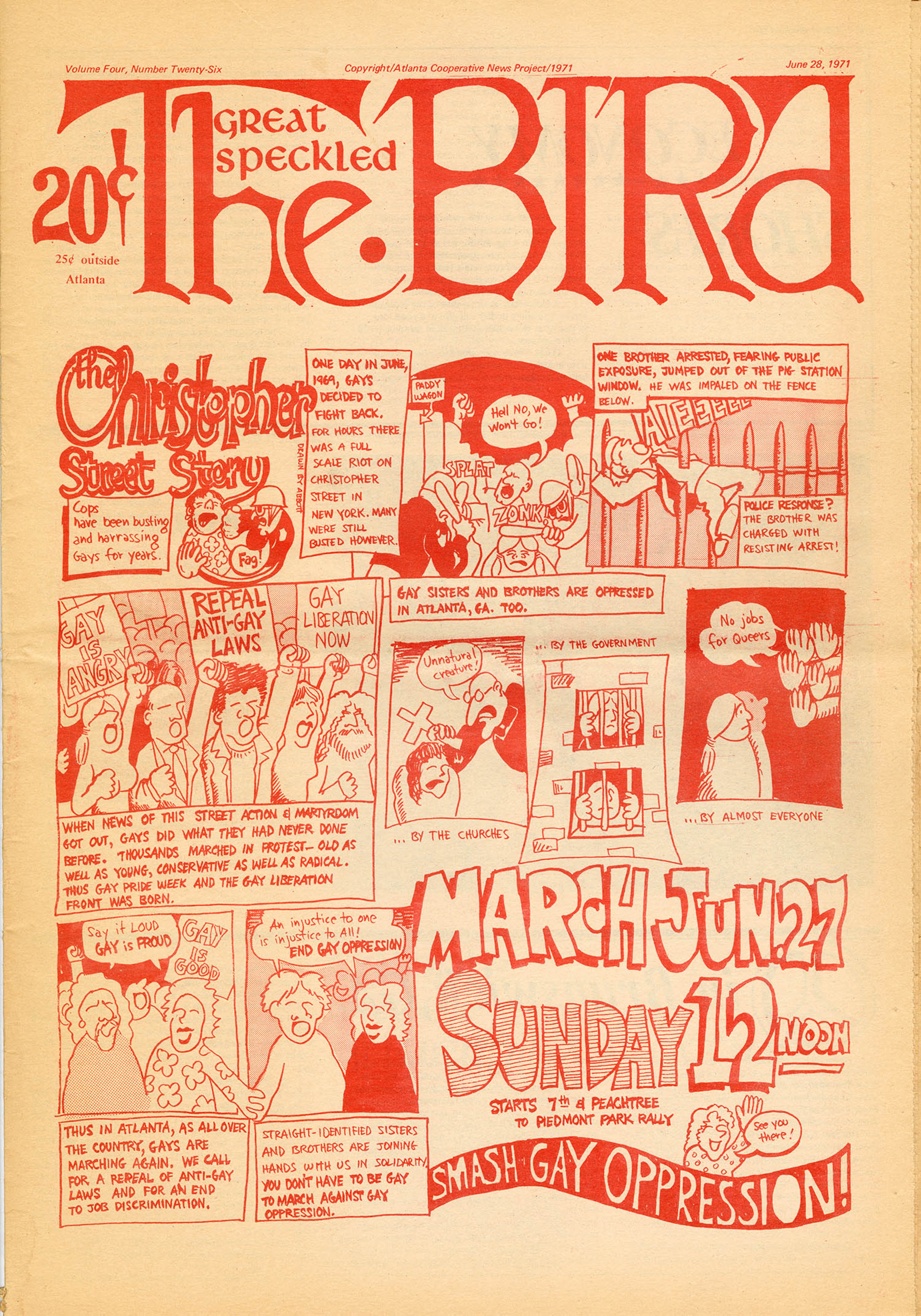The cover of the June 28, 1971, edition of The Great Speckled Bird featured a full-page cartoon promoting the event that would eventually be known as the first Atlanta Pride march. (Atlanta Cooperative News Project / GSU Library GSB-06-21-1971)