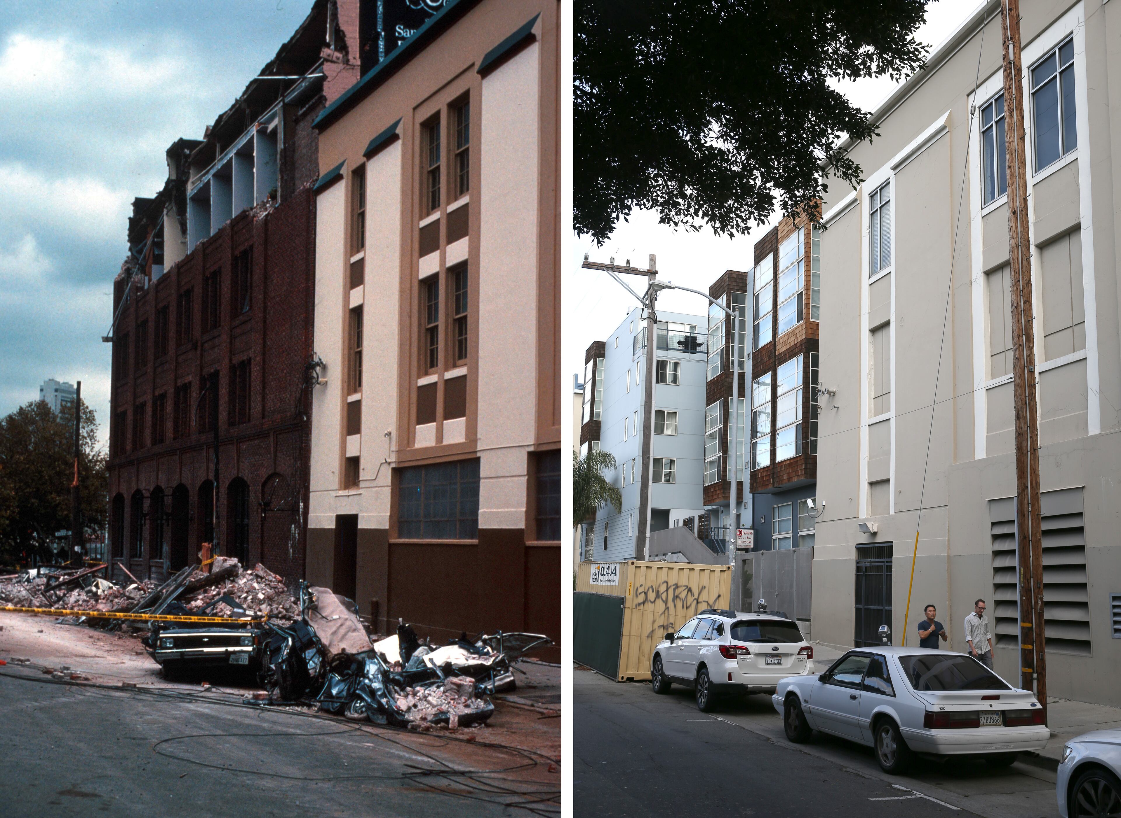 SAN FRANCISCO, CA - OCTOBER 15: In this before-and-after composite image, (Left) Cars are seen covered in bricks from a falling building facade following the Loma Prieta earthquake on October 17, 1989 in San Francisco, California. (Photo by C.E. Meyer/U.S. Geological Survey Photographic Library via Getty Images) SAN FRANCISCO, CA - OCTOBER 15: (Right) Cars are parked along 6th Street near Townsend on October 15, 2014 in San Francisco, California. It has been 25 years since the 7.0 Loma Prieta earthquake rocked the San Francisco Bay Area at 5:04PM on October 17, 1989 causing widespread damage to buildings and roadways. 63 people died and nearly 4,000 were injured.