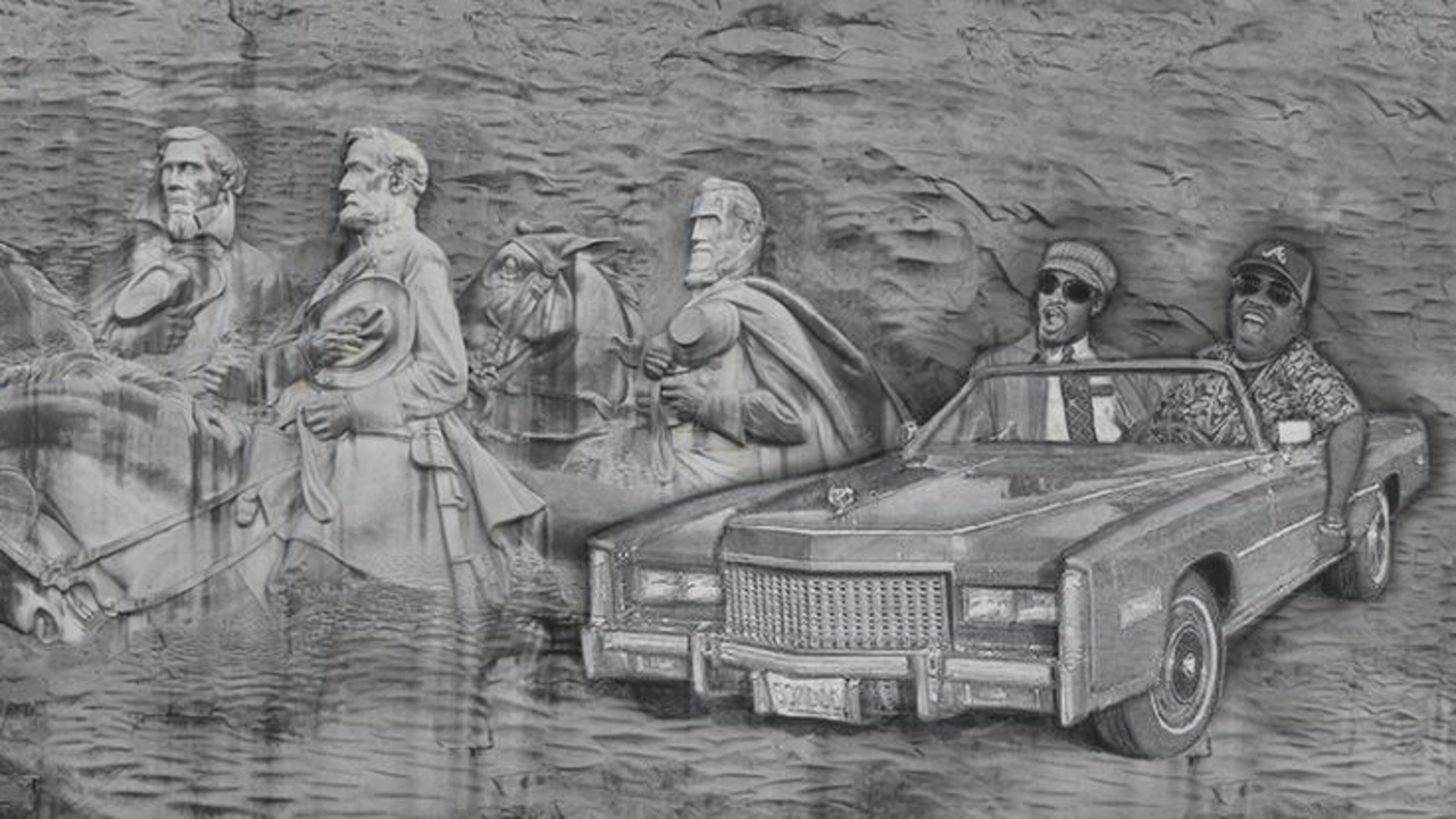 Mack Williams, the artist behind this rendering of Daddy Fat Sacks and Three Stacks riding in a Cadillac, started a petition to add Outkast to Stone Mountain. (Credit: Mack Williams)
