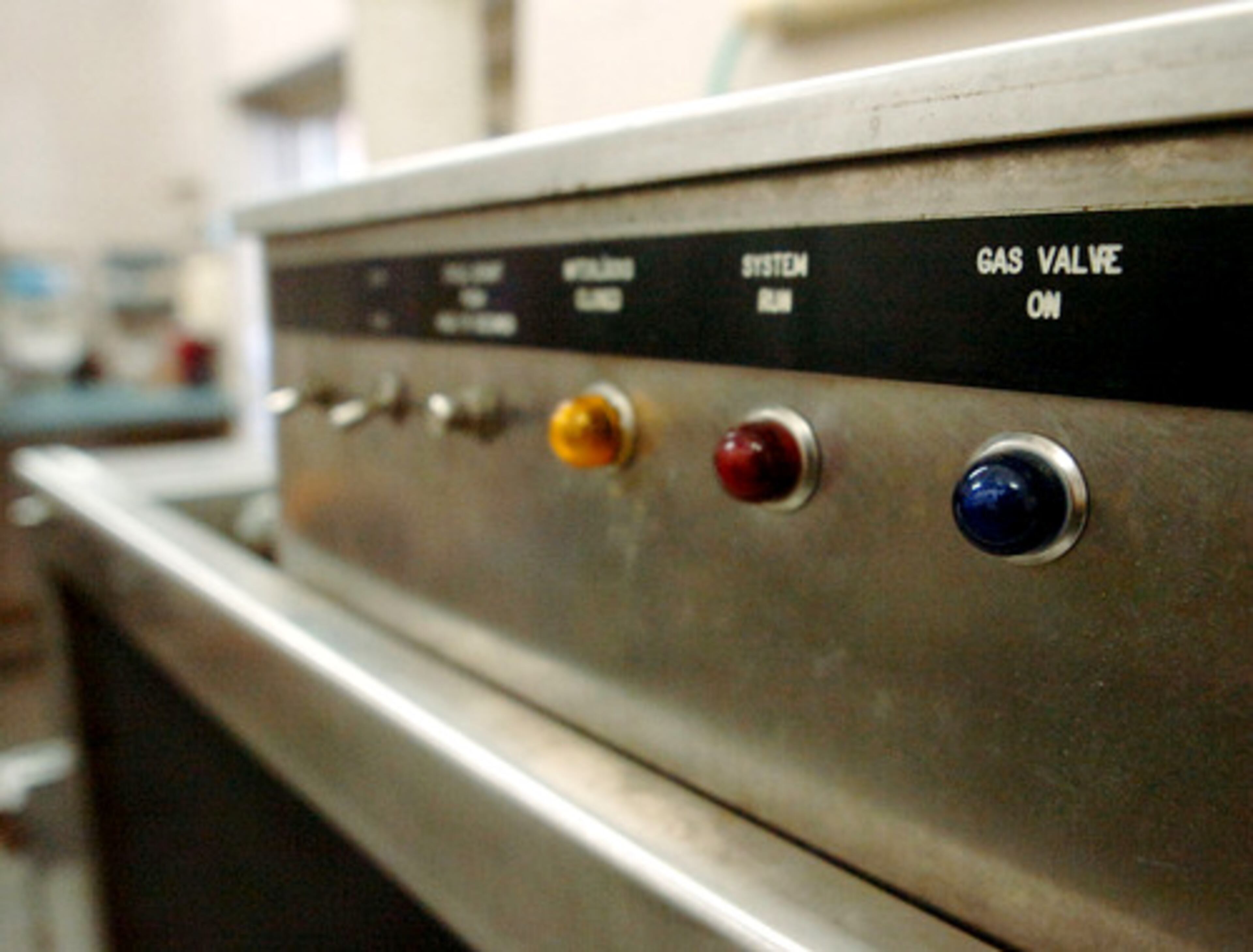 The control panel on one of two gas chambers used to euthanize animals shows the machine's status.
