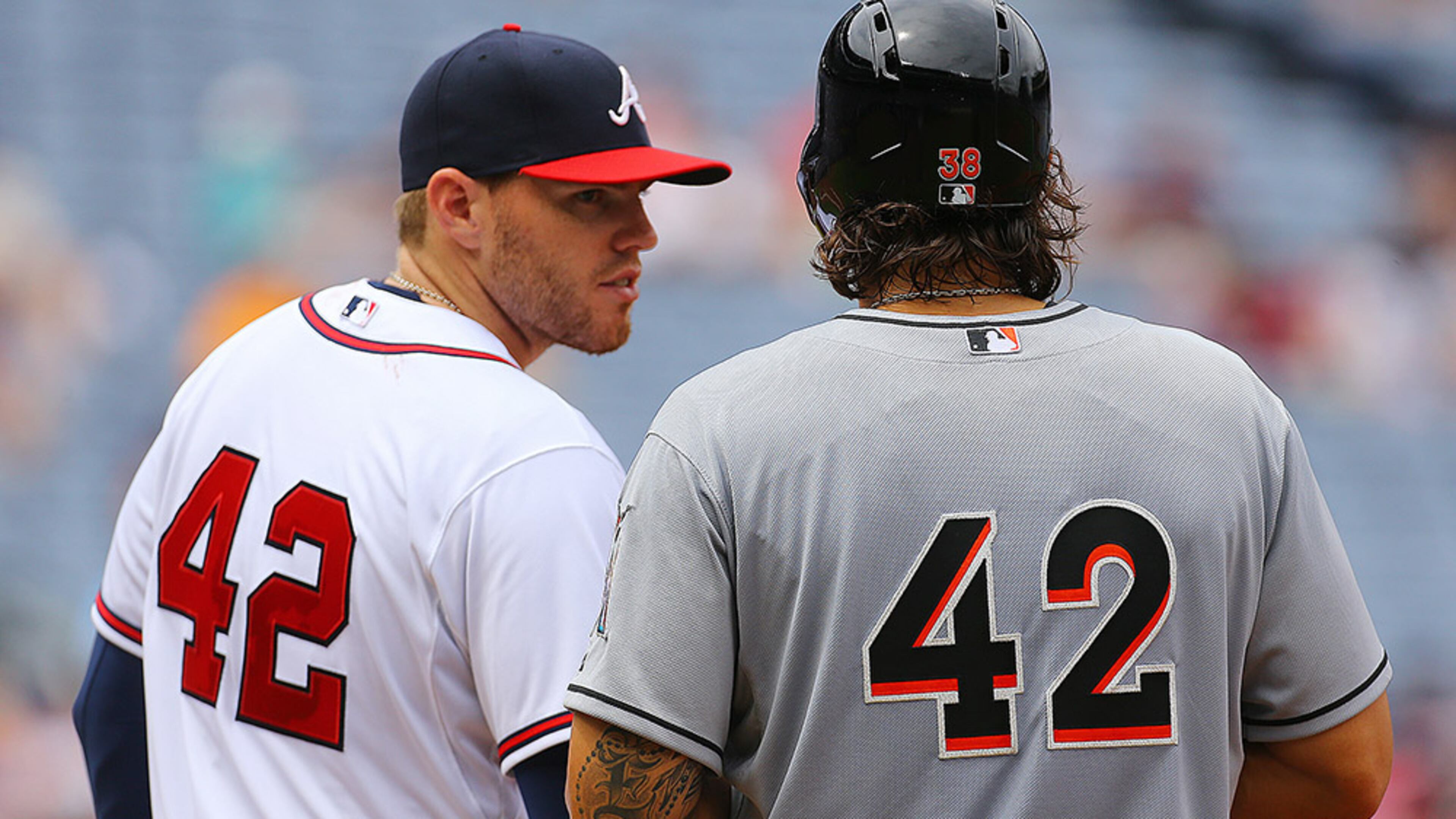 Teams, including the Braves, traditionally wear Jackie Robinson's No. 42 jersey number for a game to honor the breaking of the color barrier in Major League Baseball.