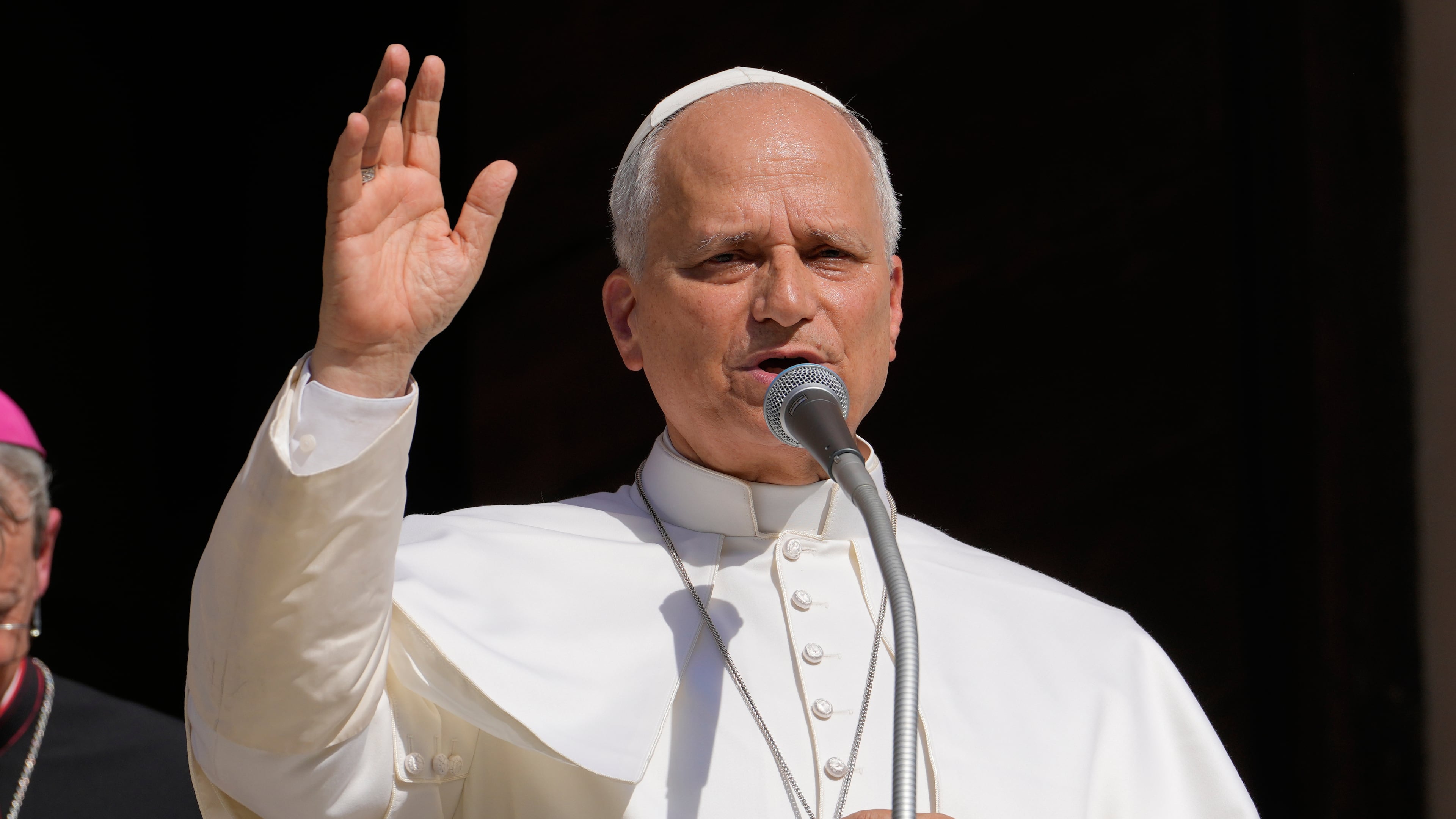 FILE - Pope Leo XIV delivers his blessing as he visits Pavia's Cathedral, northern Italy, on June 20, 2026. (AP Photo/Luca Bruno, File)