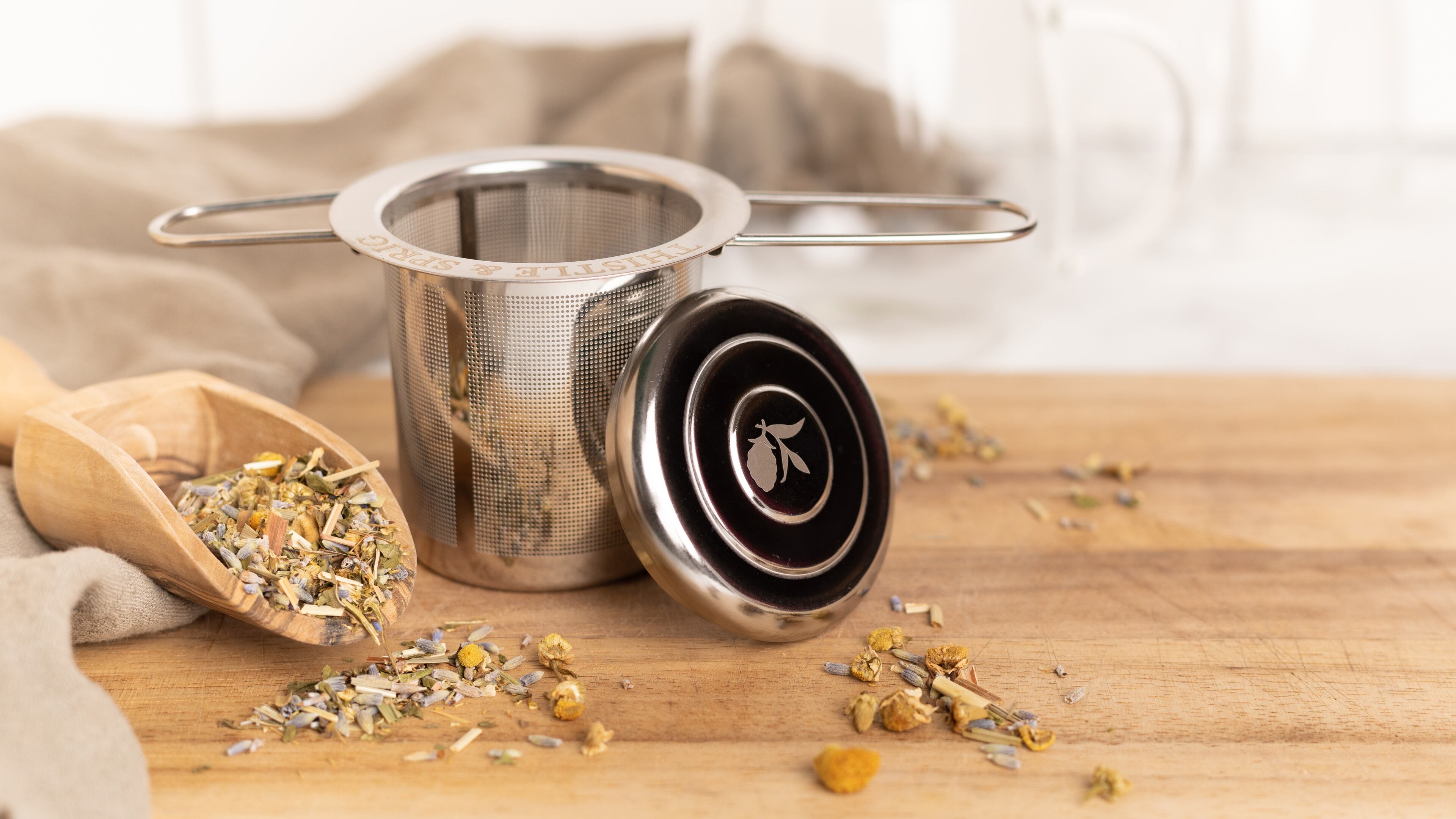 One of Thistle & Sprig’s most popular blends is Four Sisters, a combination of chamomile, lavender, peppermint and lemongrass. The company also sells accessories, such as this tea infuser. Courtesy of Thistle & Sprig