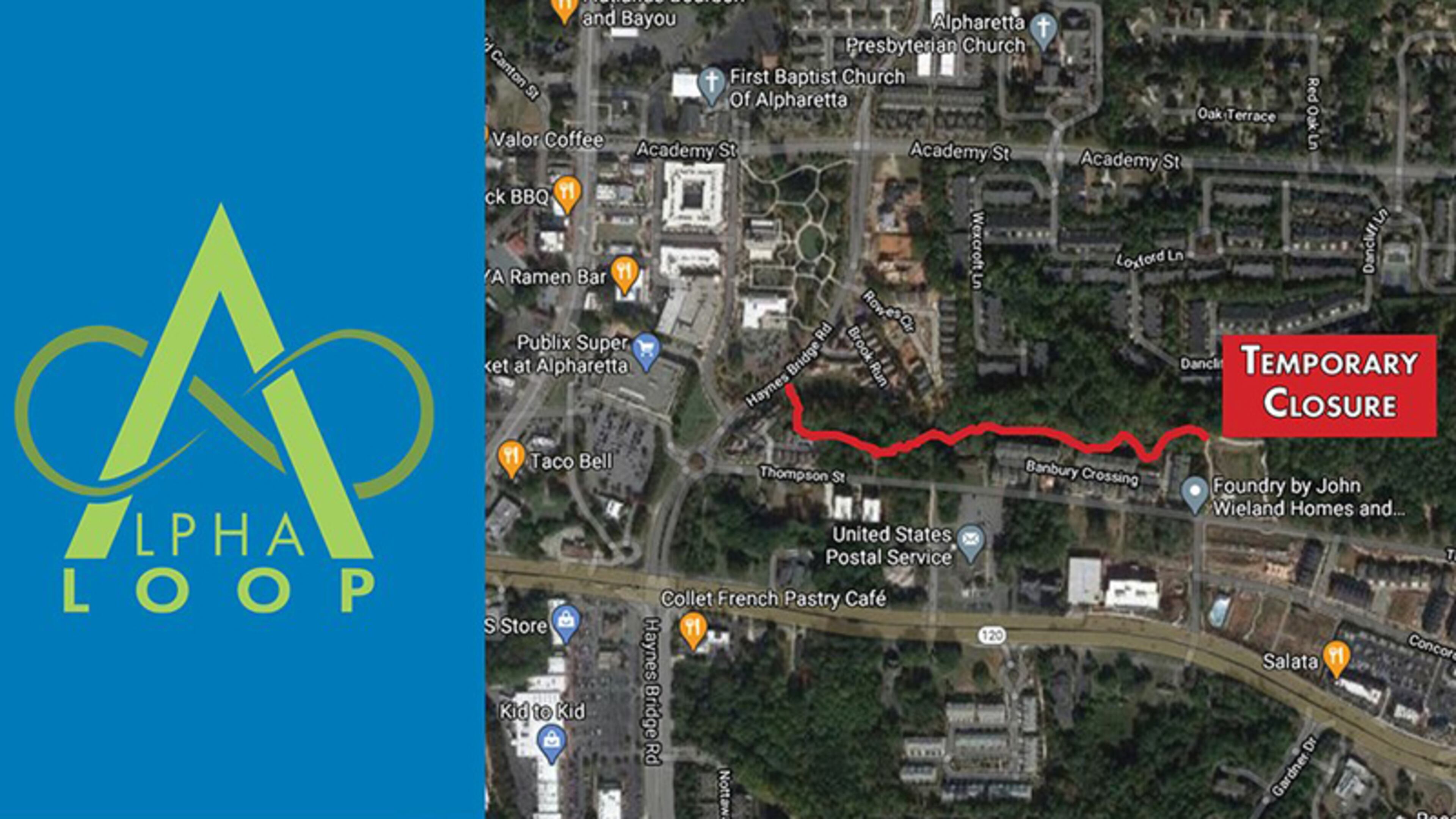 A section of the Alpha Loop trail in Alpharetta is to be closed for about two week beginning Monday, Jan. 4, to allow for the installation of stormwater drainage systems.