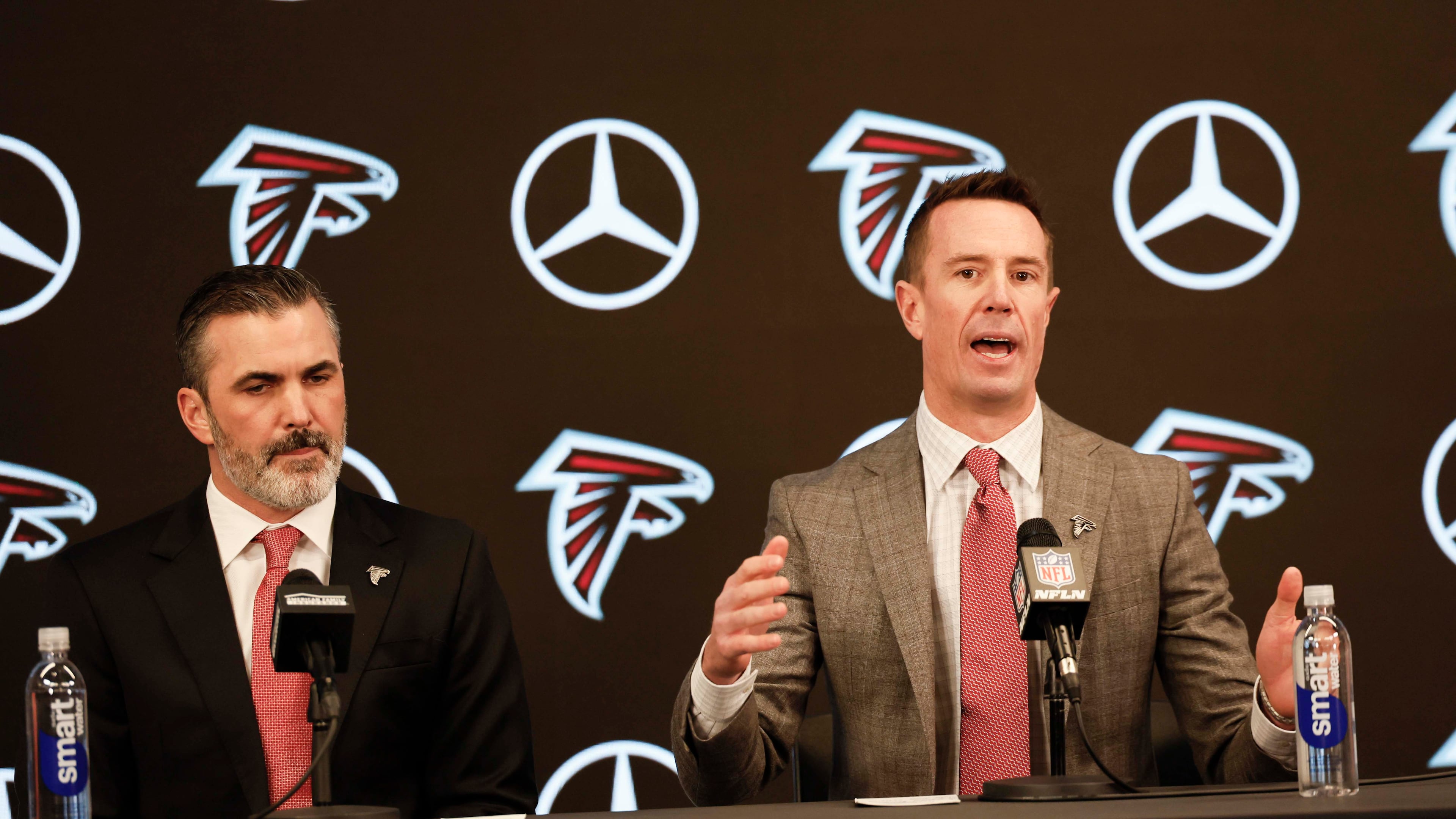 Atlanta Falcons President of Football Matt Ryan speaks to the media during Kevin Stefanski's introductory news conference at Mercedes-Benz Stadium on Tuesday, Jan. 27, 2026, in Atlanta. (Miguel Martinez/AJC)