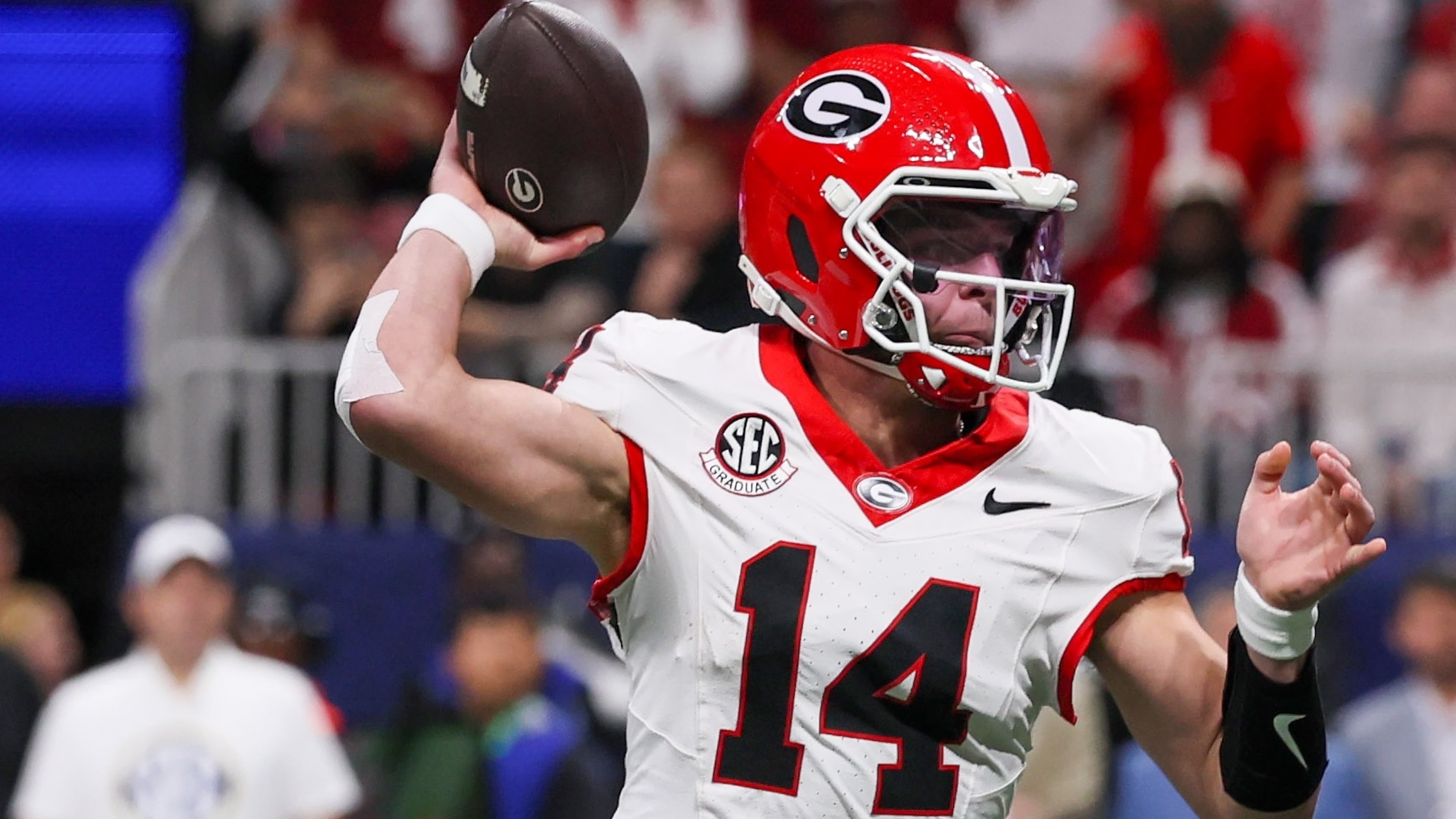 Georgia quarterback Gunner Stockton finished seventh in the Heisman Trophy voting, which was revealed in advance of the Heisman Trophy ceremony on Saturday for the top five finishers. (Jason Getz/AJC)