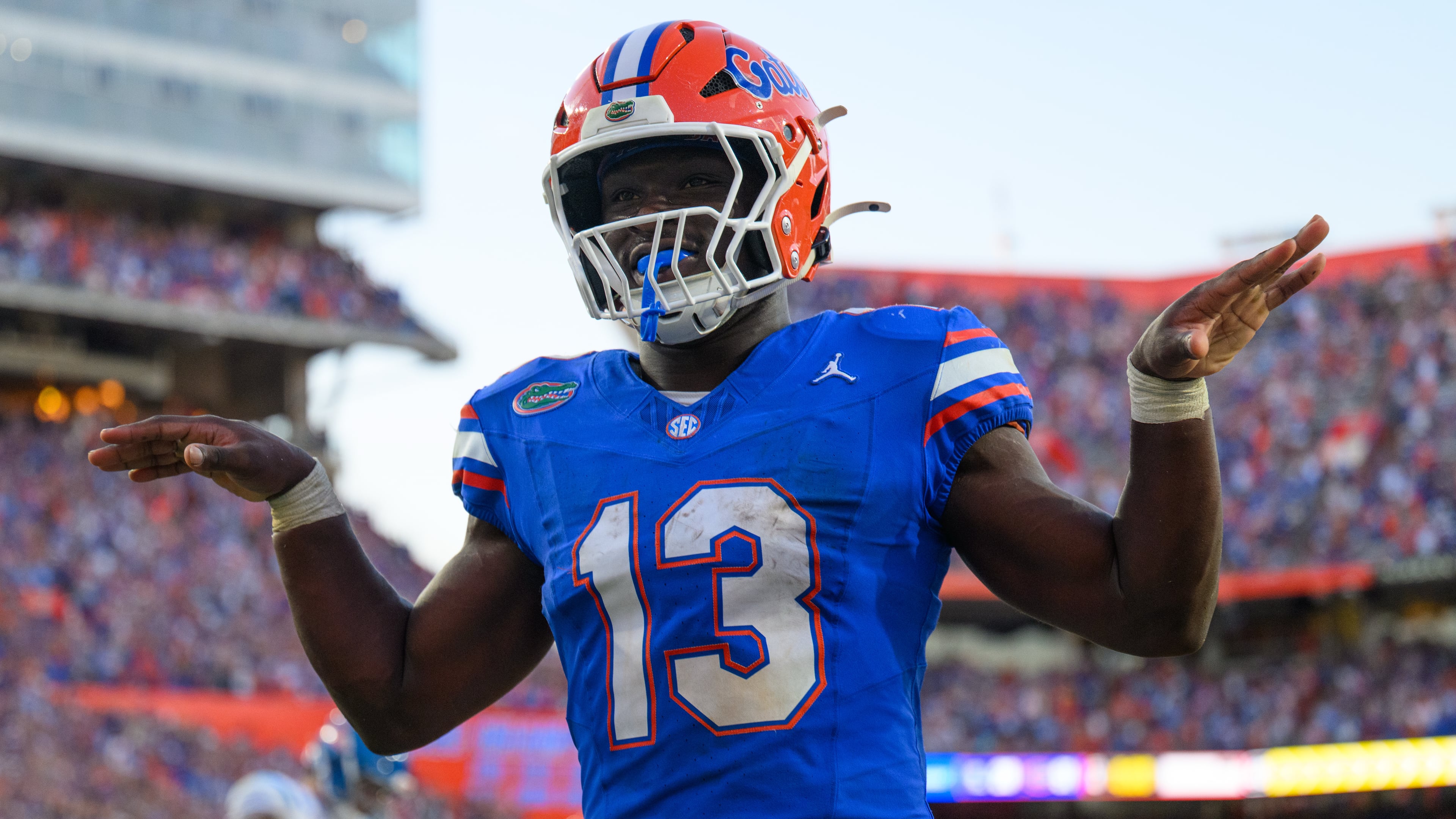 Florida running back Jadan Baugh celebrates after scoring a touchdown during the second half of an NCAA college football game against Mississippi, Saturday, Sept. 26, 2026, in Gainesville, Fla. (Noah LantorAP)
