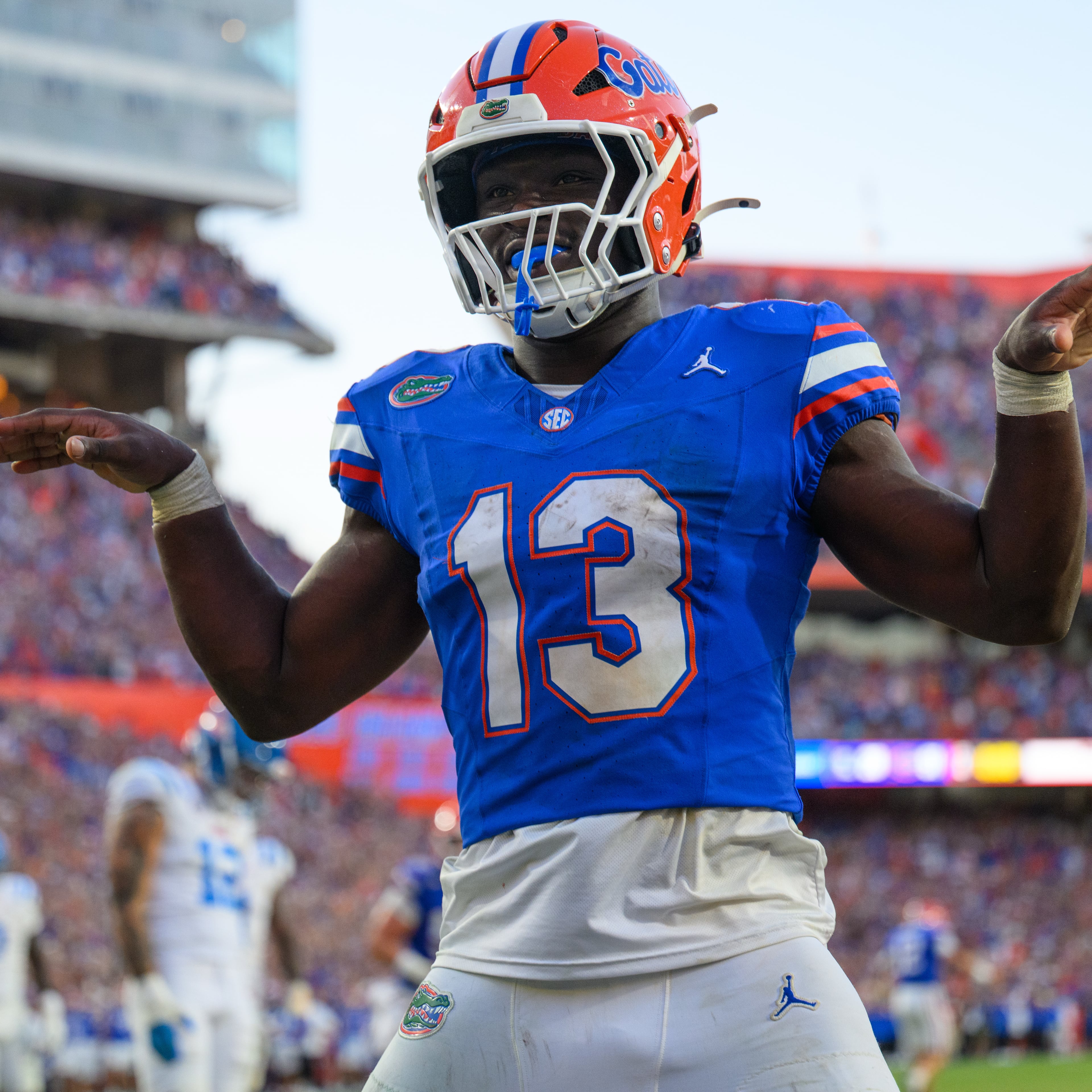 Florida running back Jadan Baugh celebrates after scoring a touchdown during the second half of an NCAA college football game against Mississippi, Saturday, Sept. 26, 2026, in Gainesville, Fla. (Noah LantorAP)
