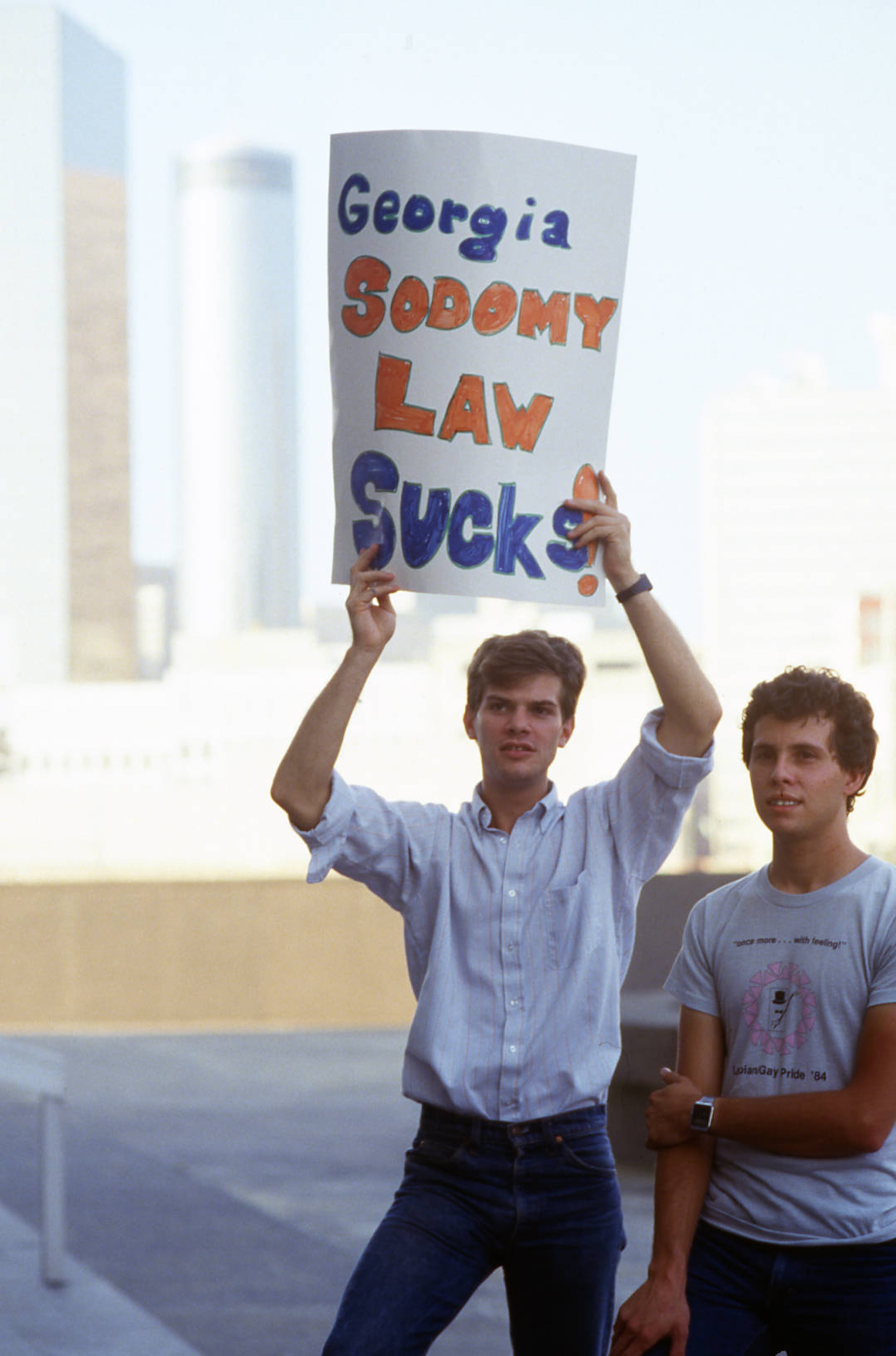 Gay rights demonstration, held in the wake of the U.S. Supreme Court decision on Bowers v. Hardwick, a Georgia sodomy case, Richard B. Russell Federal Building, Atlanta, Georgia, July 3, 1986.