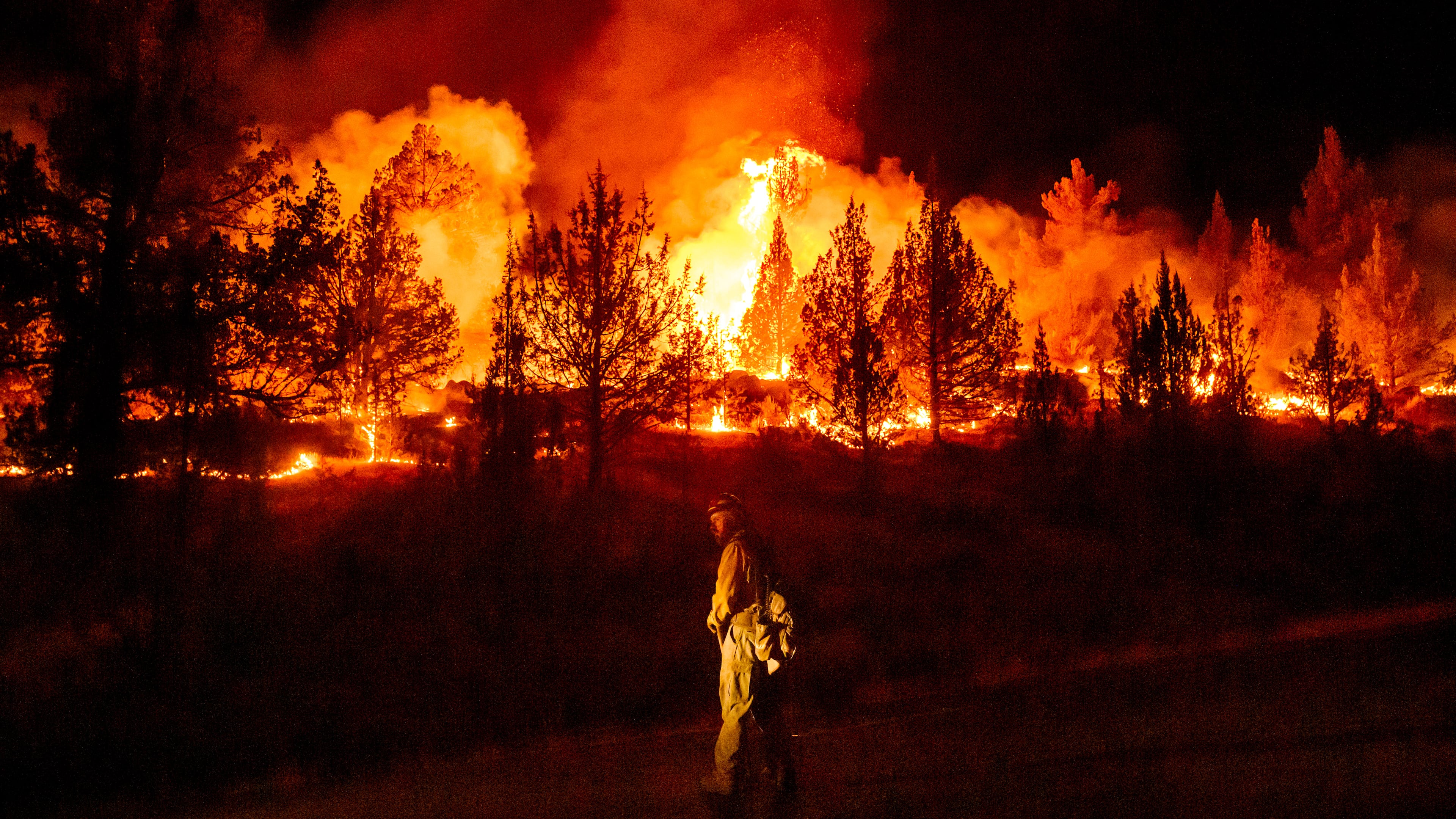 FILE - A firefighter monitors a firing operation while battling a wildfire called the Bench Fire in Warm Springs, Ore., July 25, 2026. (AP Photo/Noah Berger, File)