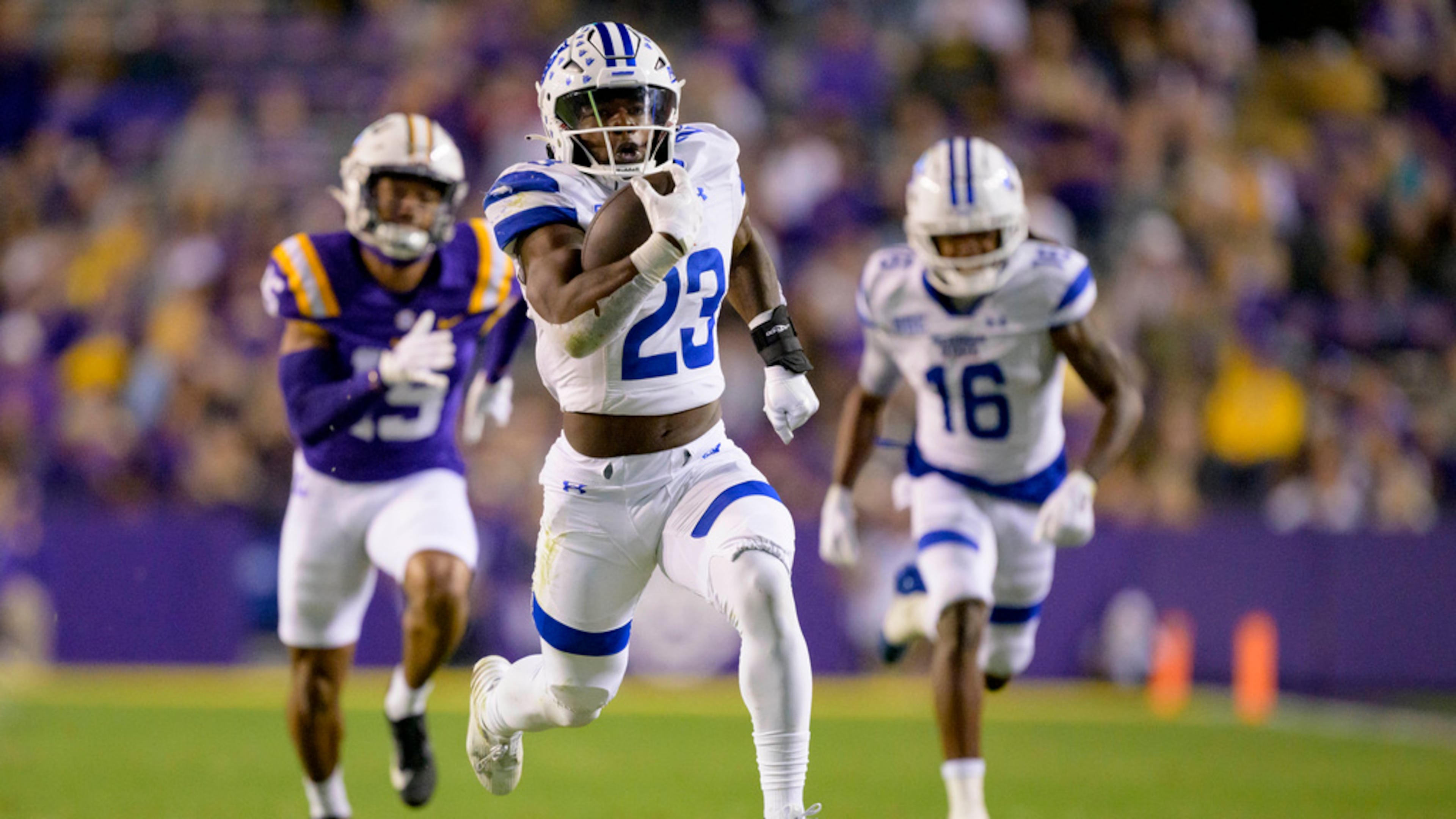 Georgia State running back Marcus Carroll (23) breaks free for a long touchdown run during the first half of an NCAA college football game against LSU in Baton Rouge, La., Saturday, Nov. 18, 2023. (AP Photo/Matthew Hinton)