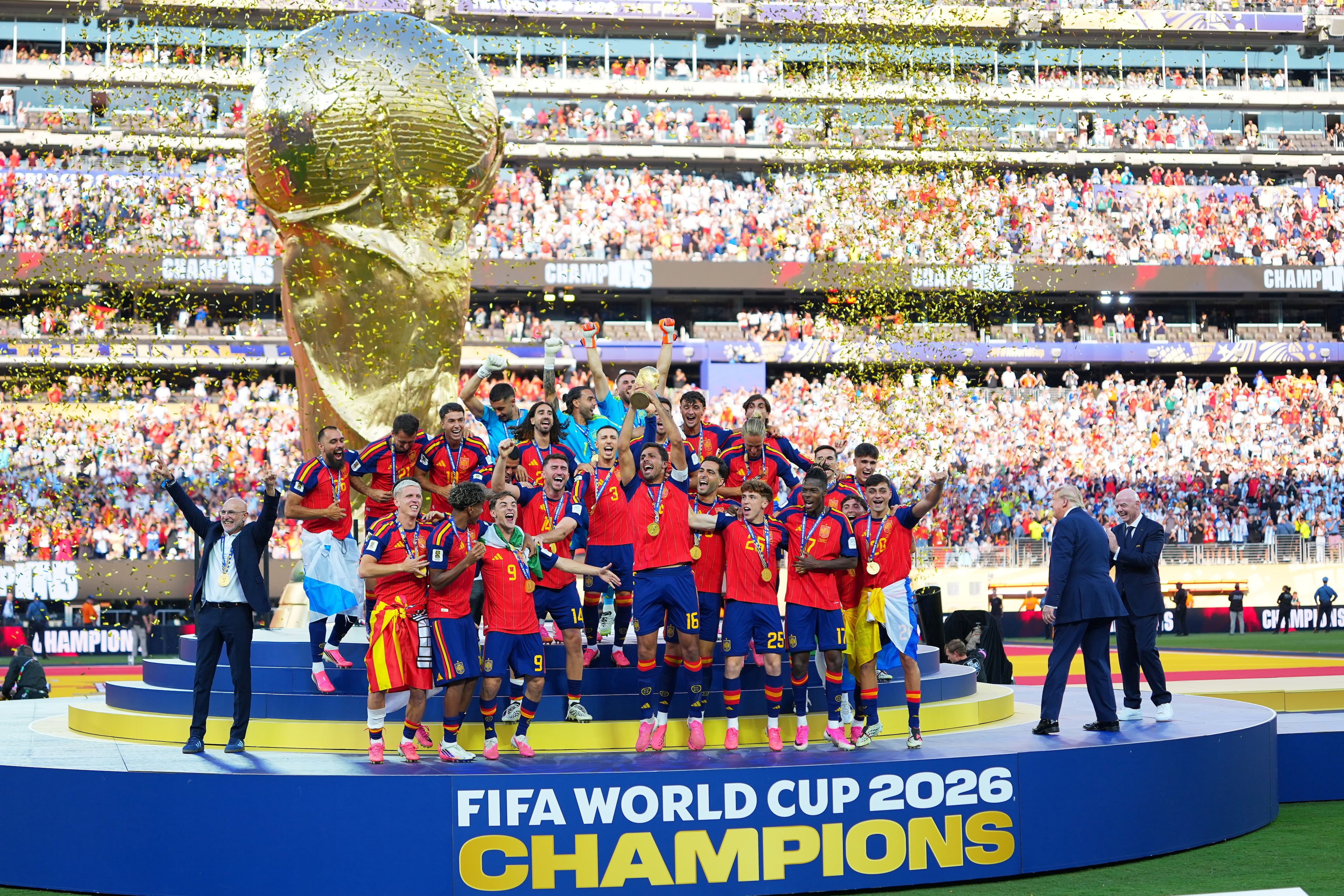 Spain celebrates with the trophy after the World Cup final soccer match between Spain and Argentina in East Rutherford, N.J., near New York, Sunday, July 19, 2026. (Julio Cortez/AP)