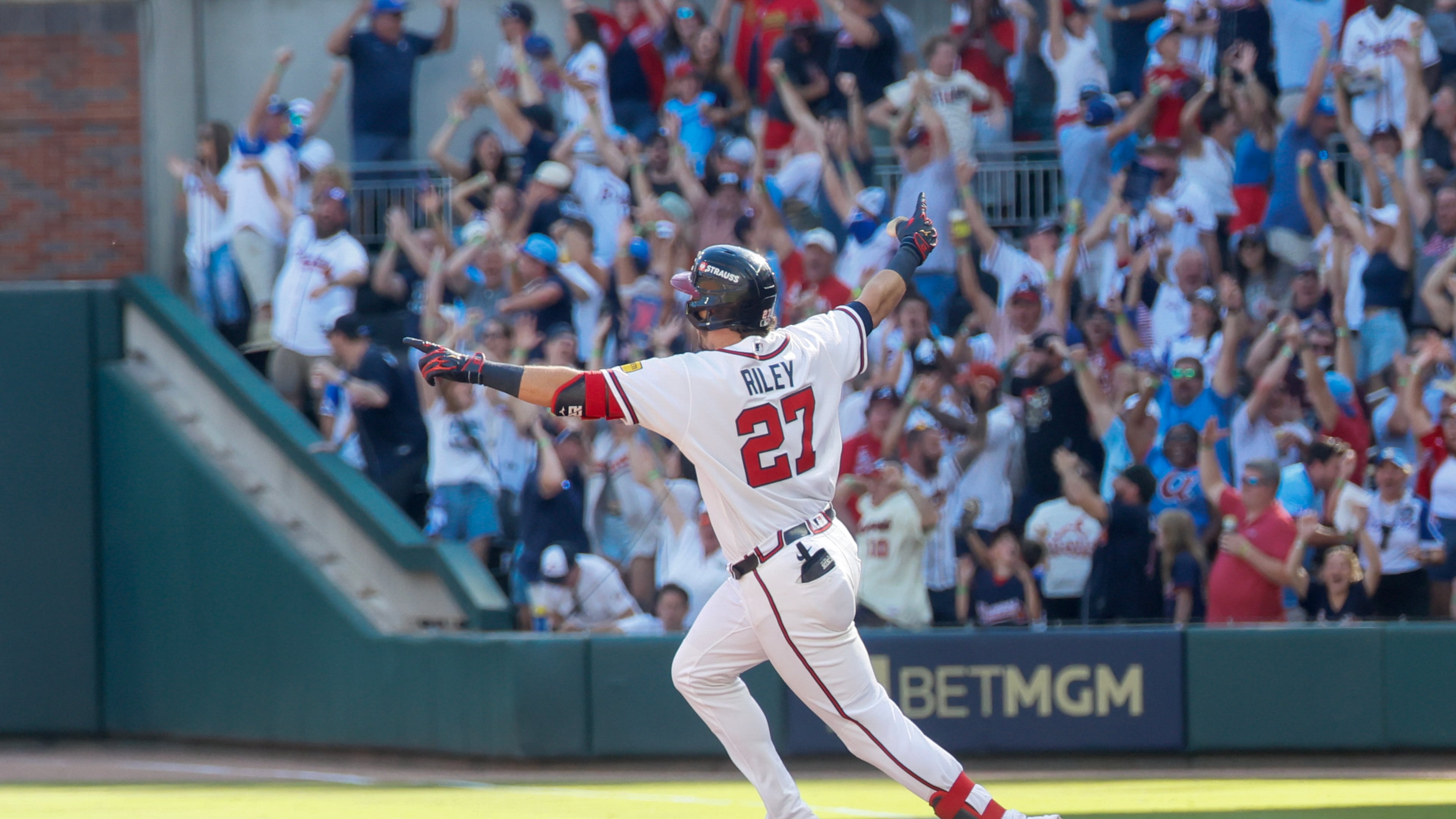 The Braves' Austin Riley rounds the bases after hitting a three-run home run against the Phillies in the eighth inning of Game 1 of the National League Wild Card Series on Tuesday, Sept. 29, 2026, in Atlanta. (Miguel Martinez/AJC)