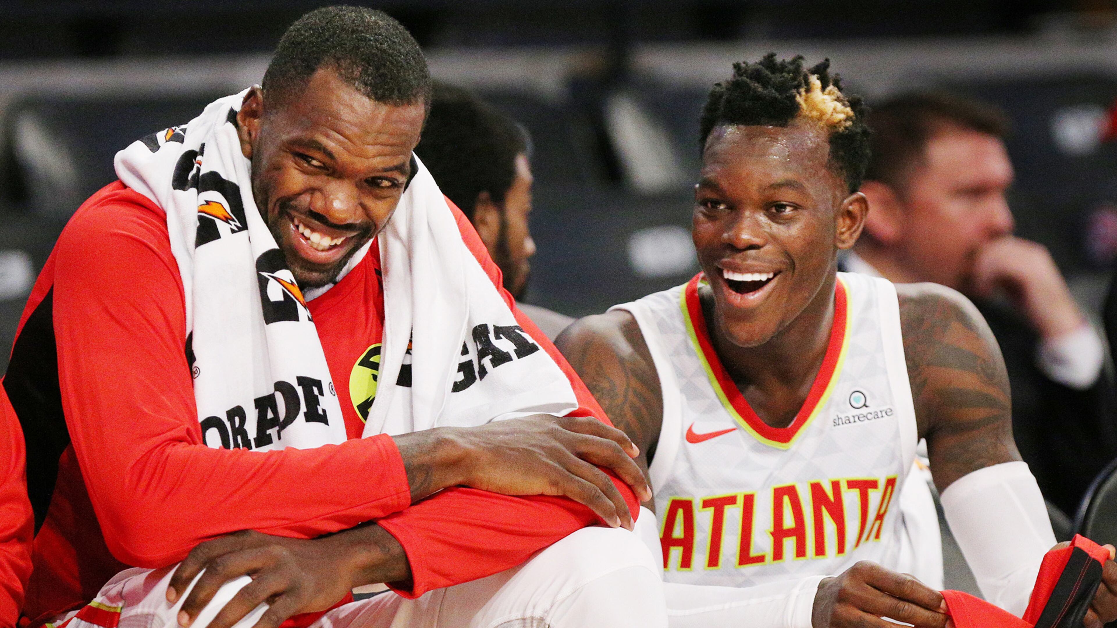 October 9, 2017 Atlanta: Hawks Dewayne Dedmon and Dennis Schroder share a laugh on the bench against the Grizzlies during the first half in a NBA preseason basketball game on Monday, October 9, 2017, in Atlanta. Curtis Compton/ccompton@ajc.com