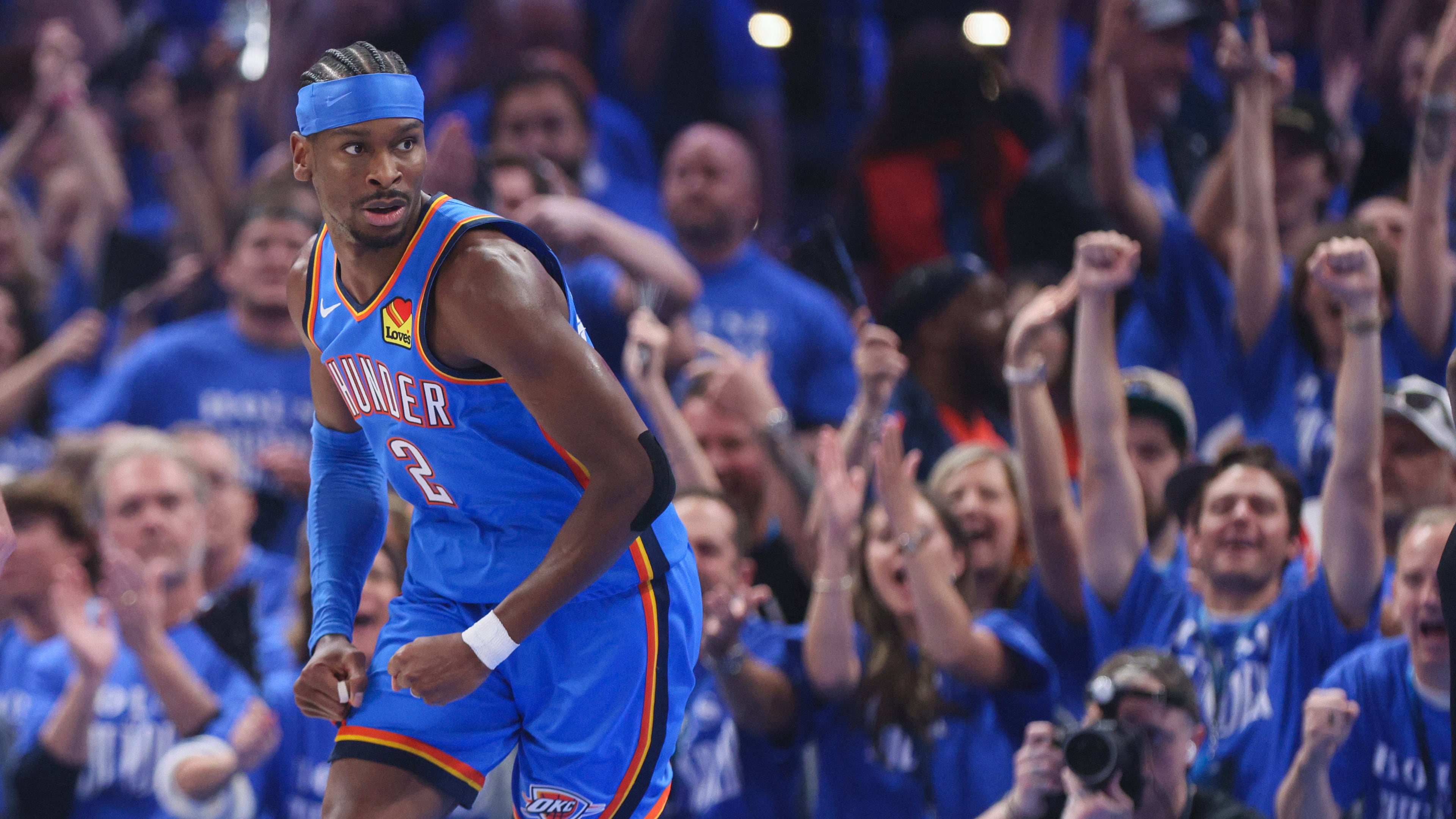 Oklahoma City Thunder guard Shai Gilgeous-Alexander runs back on defense after making a basket during the first half in Game 1 of a first-round NBA playoffs basketball series against the Phoenix Suns, Sunday, April 19, 2026, in Oklahoma City. (AP Photo/Nate Billings)