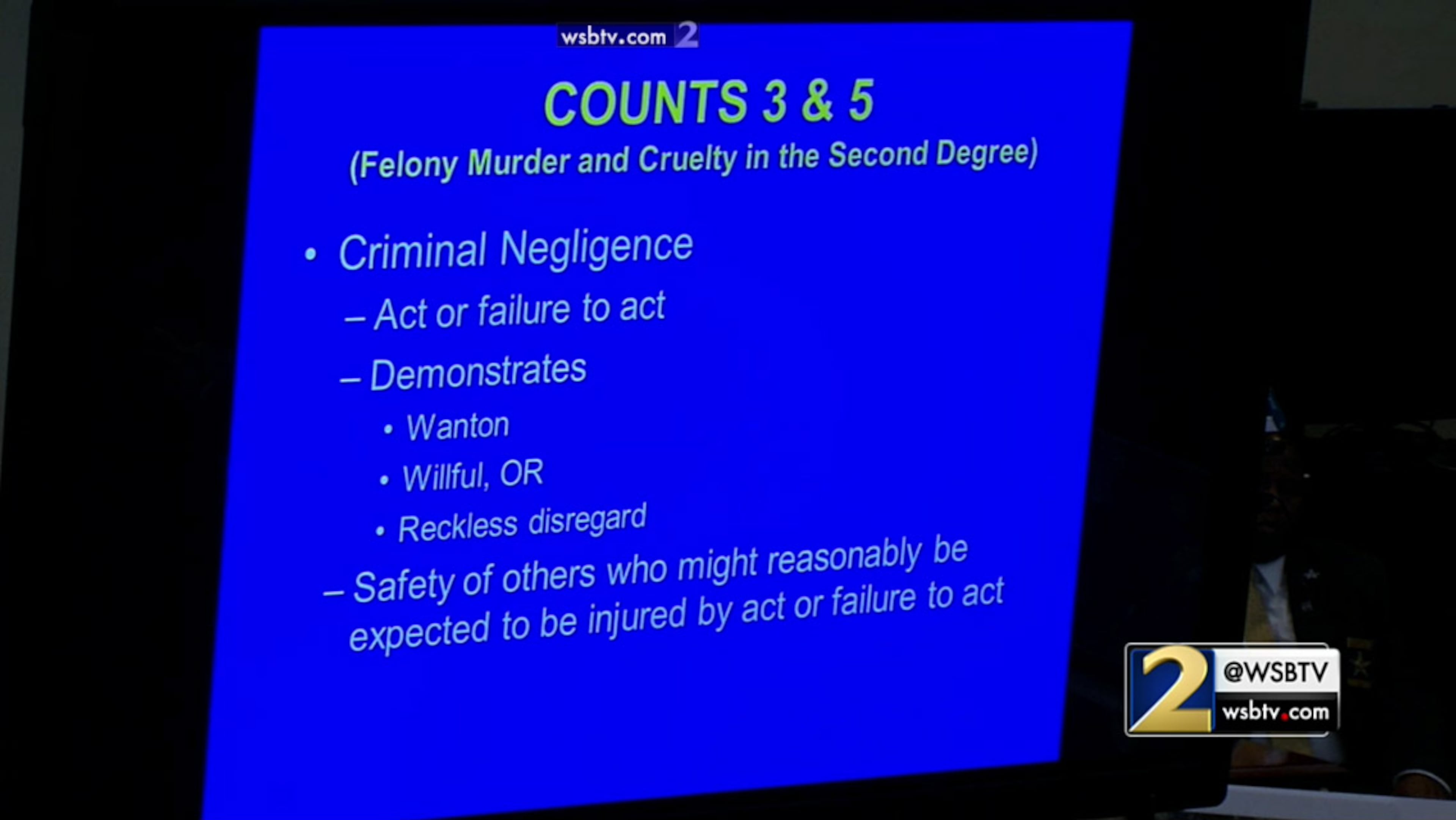 Prosecutor Chuck Boring explains to the jury the level of proof for the charges of felony murder and cruelty in the second degree, during his closing argument during the murder trial of Justin Ross Harris at the Glynn County Courthouse in Brunswick, Ga., on Monday, Nov. 7, 2016. (screen capture via WSB-TV)