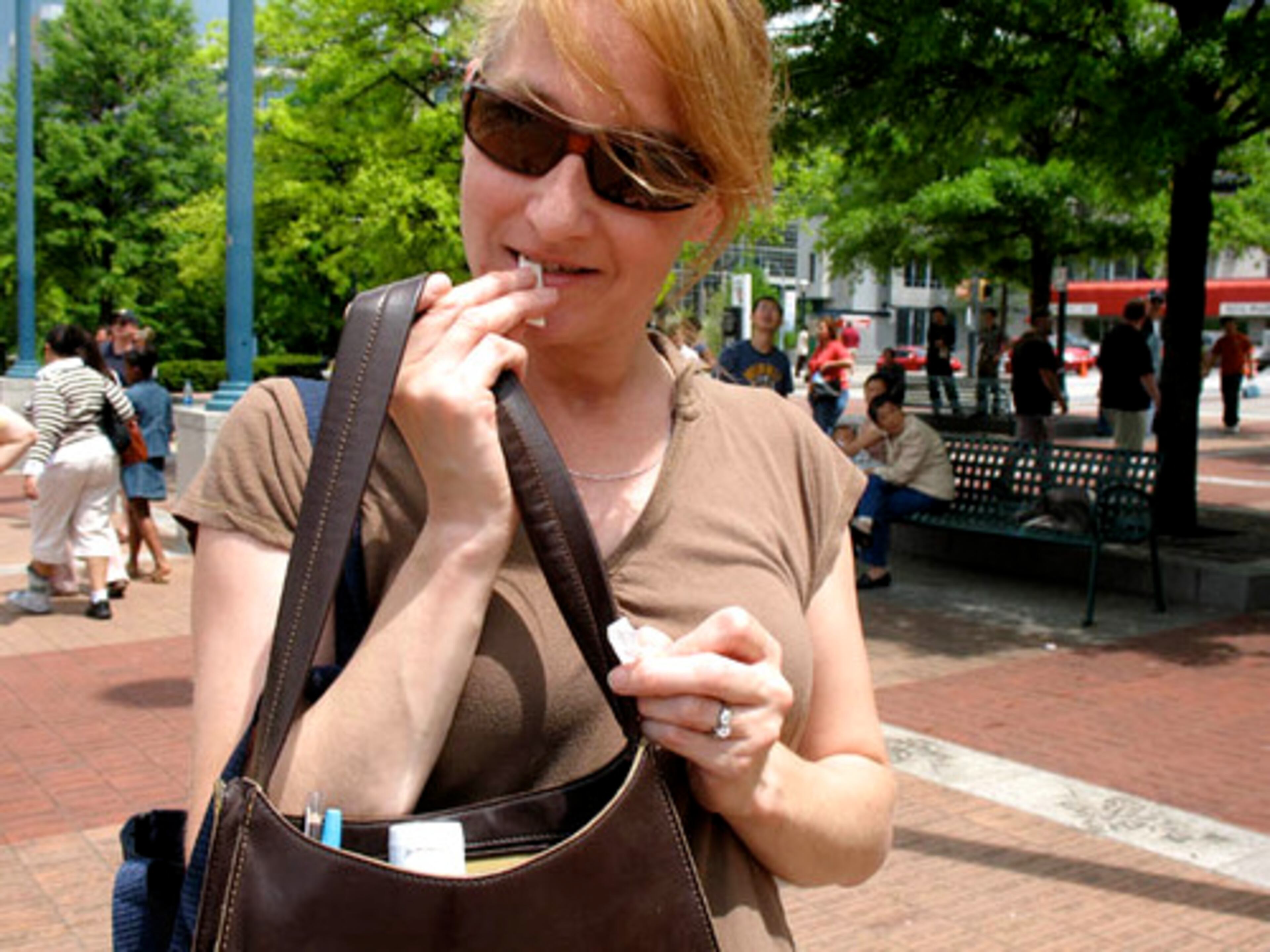 Debby Lindbom, 43, froze during the Great Atlanta Works Shop Players Freeze Out at Centennial Olympic Park on Saturday. "It was great, except for the fact that some kid made me laugh," said Lindbom, of Woodstock. "I had a piece of gum. I bit into it."