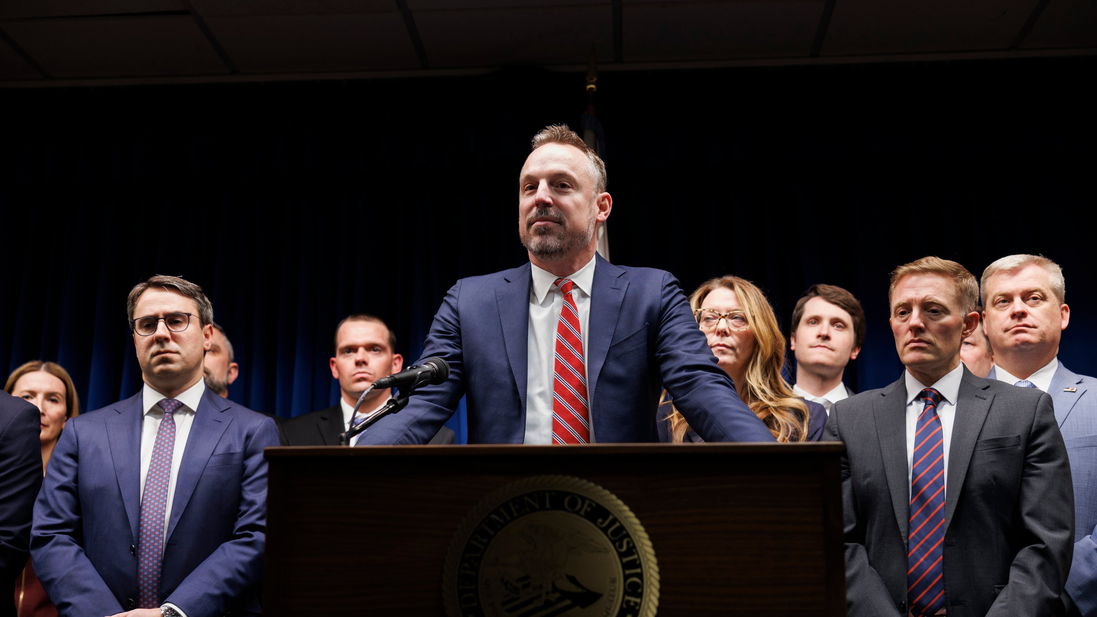 FILE - Assistant U.S. Attorney Joseph Thompson, center, answers questions during a news conference at the Minneapolis federal courthouse on March 19, 2025, in Minneapolis. (Kerem Yücel/Minnesota Public Radio via AP, file)
