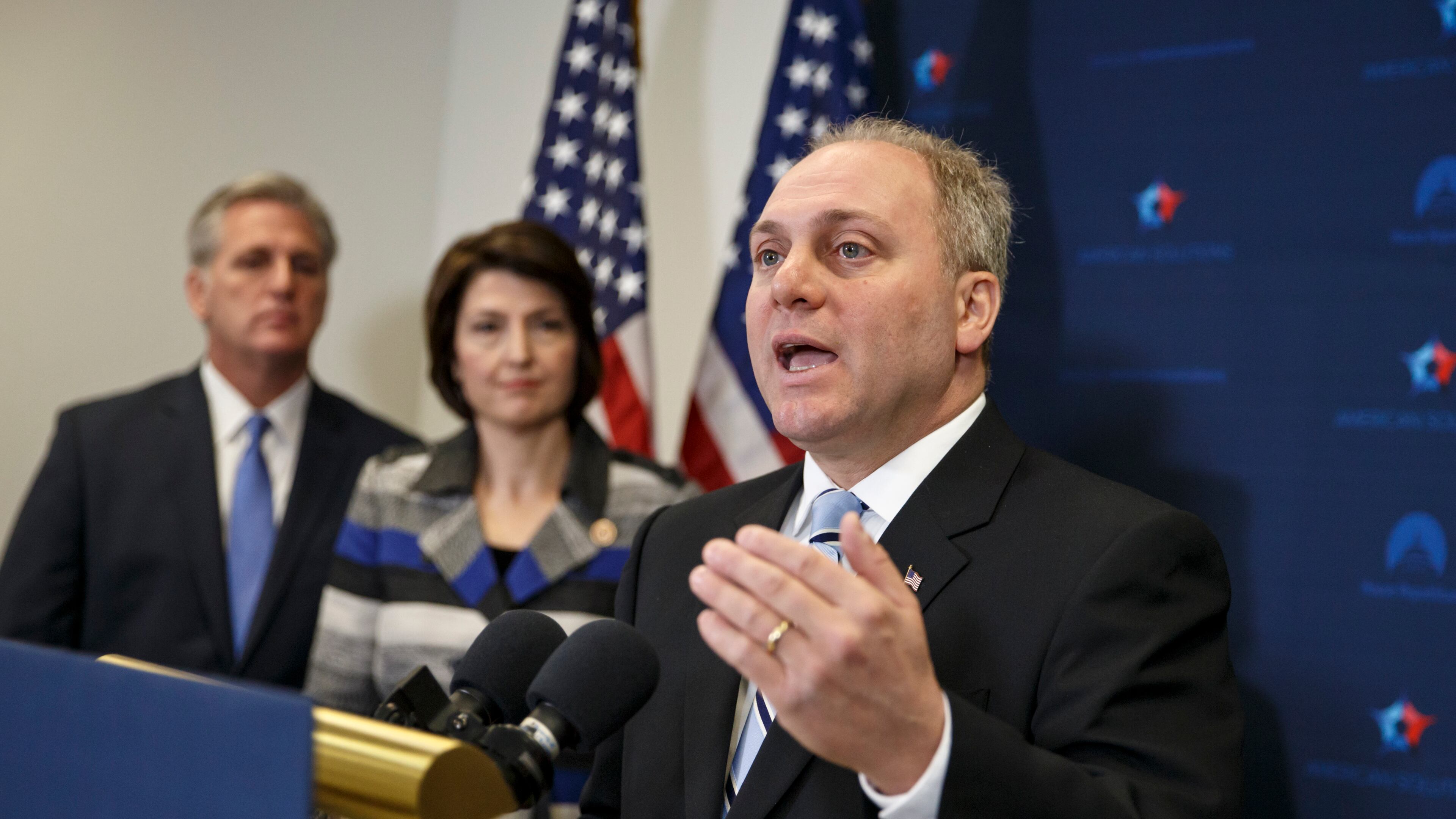 FILE - In this Nov. 18, 2014 file photo, House Majority Whip Steve Scalise of La., right, with House Majority Leader Kevin McCarthy of Calif., left, and Rep. Cathy McMorris Rodgers, R-Wash., speaks to reporters on Capitol Hill in Washington, following a House GOP caucus meeting. Scalise acknowledged that he once addressed a gathering of white supremacists. Scalise served in the Louisiana Legislature when he appeared at a 2002 convention of the European-American Unity and Rights Organization. Now he is the third-highest ranked House Republican in Washington. (AP Photo/J. Scott Applewhite, File) House Majority Whip Steve Scalise of Louisiana, right, speaks to reporters on Capitol Hill in Washington, following a November caucus meeting/AP file