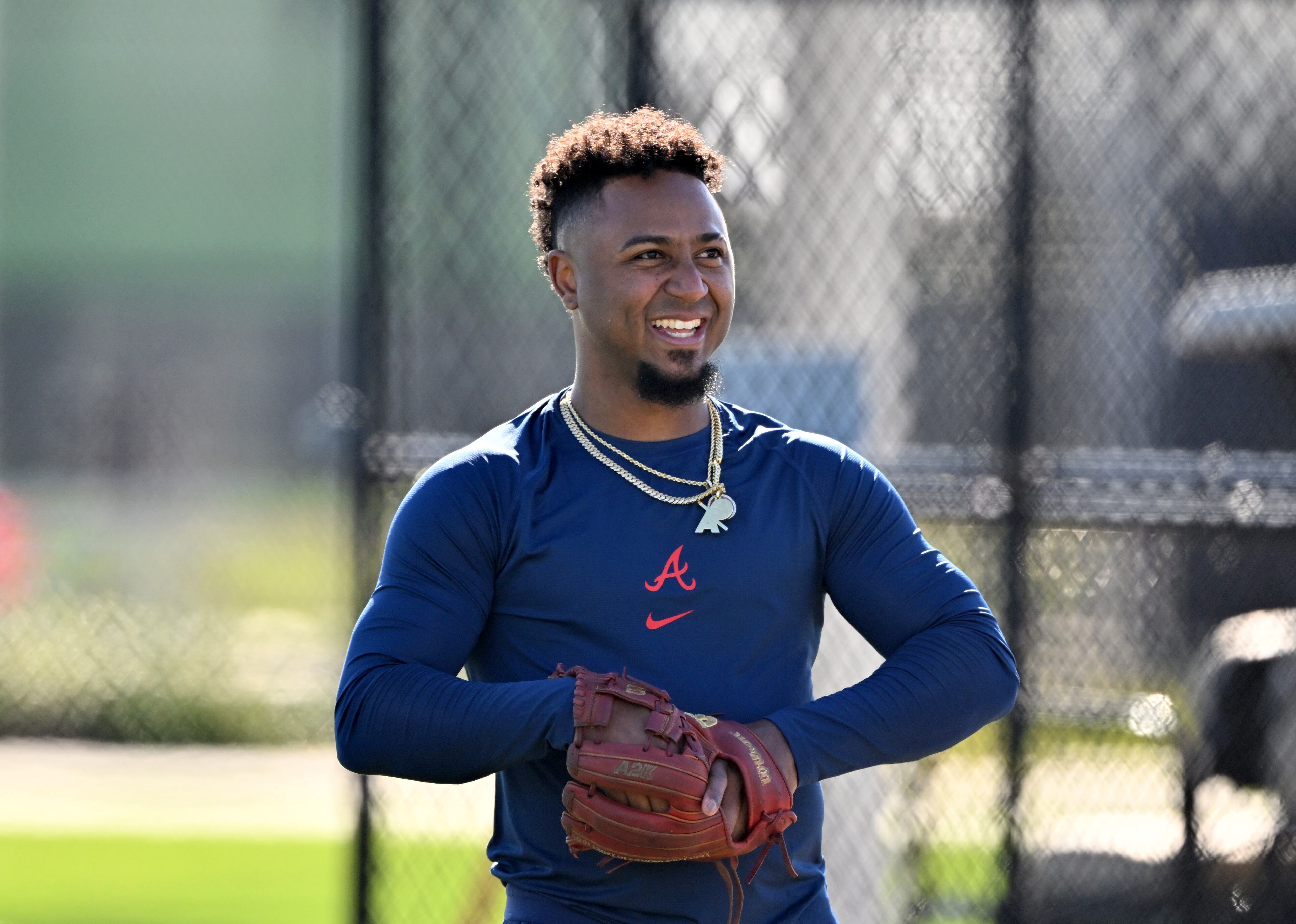 Atlanta Braves second base Ozzie Albies reacts during spring training workouts at CoolToday Park, Monday, February 17, 2025, North Port, Florida. (Hyosub Shin / AJC)