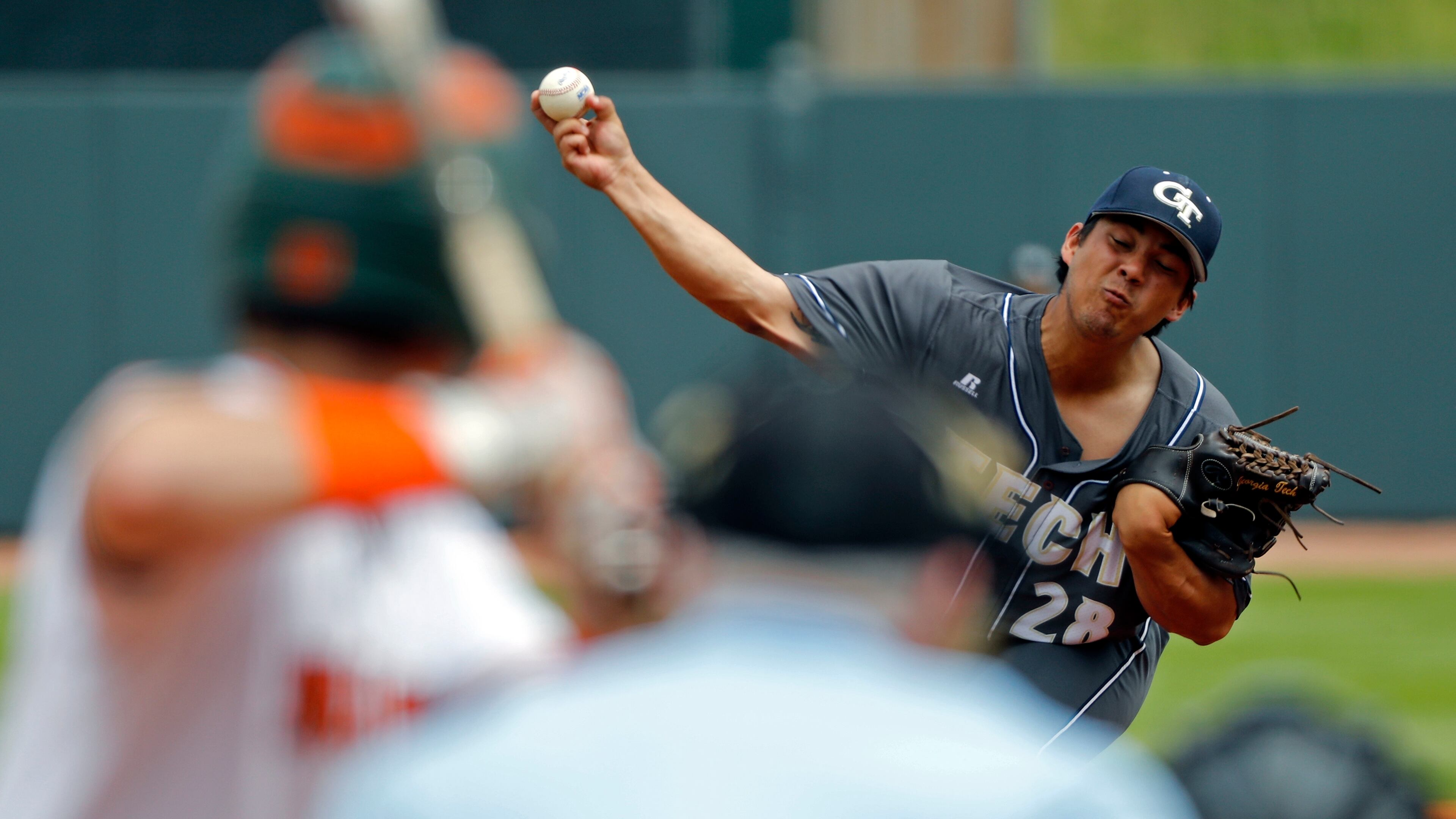Georgia Tech pitcher Jared Datoc (28) throws to a Miami batter during the Atlantic Coast Conference baseball tournament in Louisville, Ky, Tuesday, May. 23, 2017. Miami won 6-5 in 13 innings. (Wade Payne/theACC.com via AP)