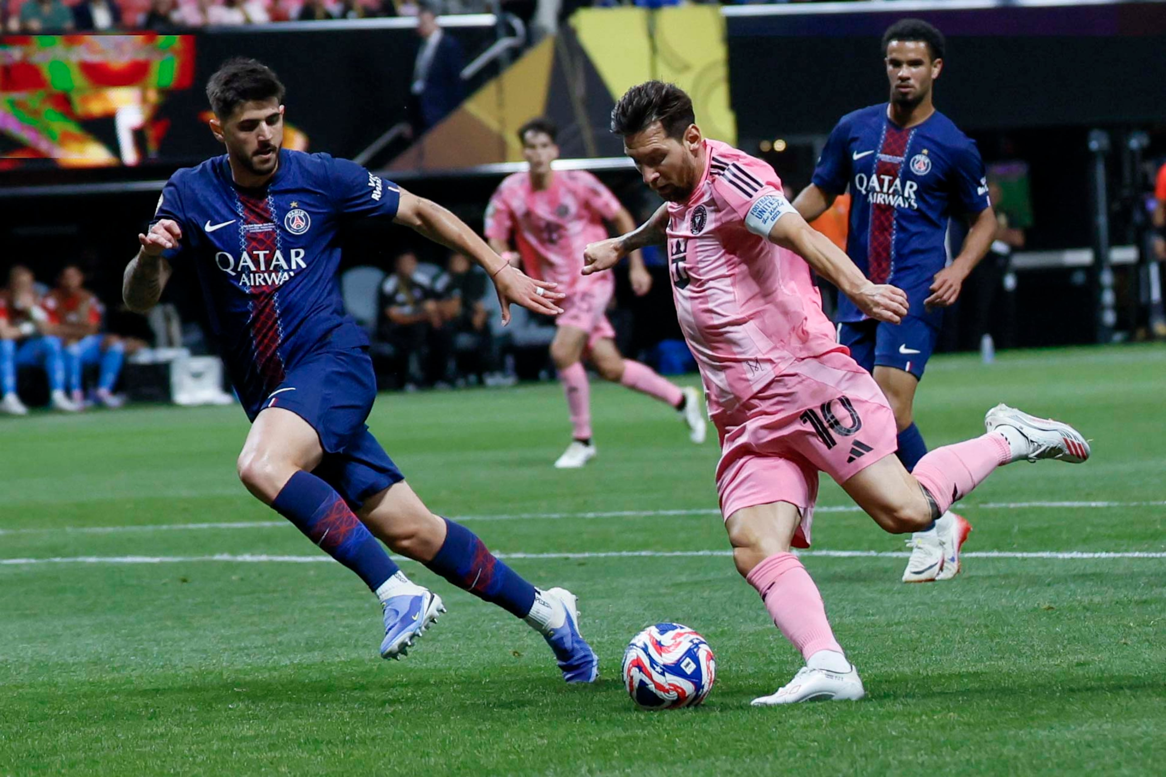 Inter Miami forward Lionel Messi (10) attempts a shot during the Club World Cup round of 16 soccer match between Paris Saint-Germain FC and Inter Miami in Atlanta, Georgia, on Sunday, June 29, 2025.
(Miguel Martinez/ AJC)