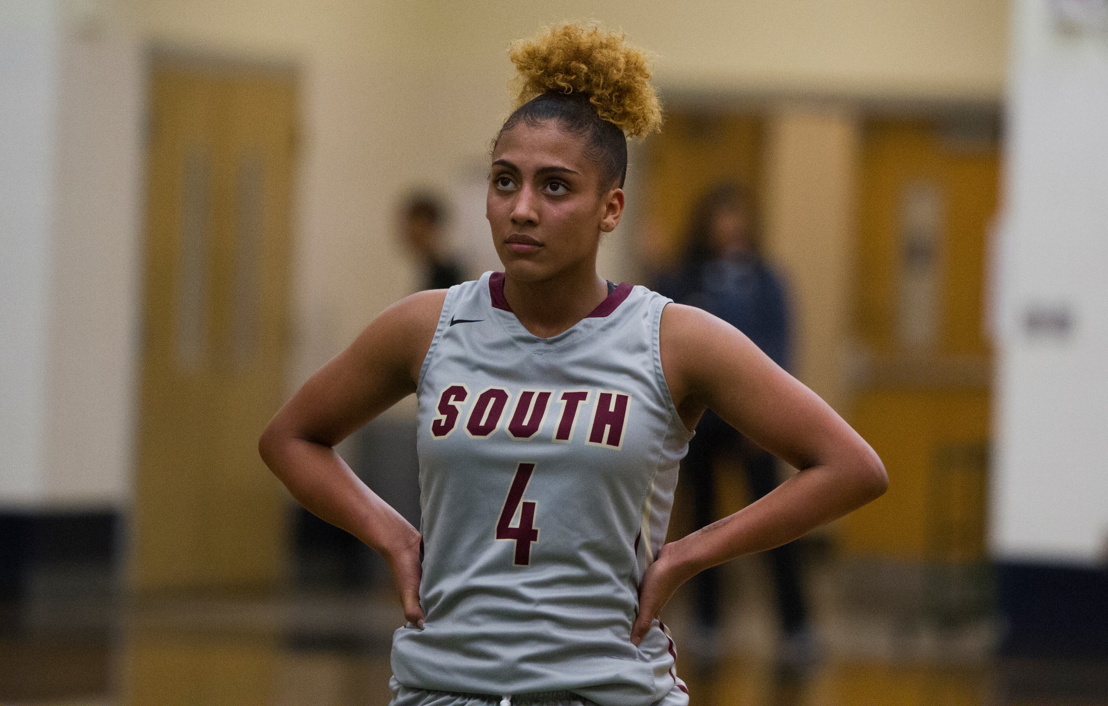 South Paulding basketball player Brel Mackey (4) waits for a penalty shot during the girls' first round game of the state high school basketball tournament between South Paulding and Harrison at Harrison High School in Kennesaw, Georgia on Friday, February 16, 2018. (REANN HUBER/REANN.HUBER@AJC.COM)