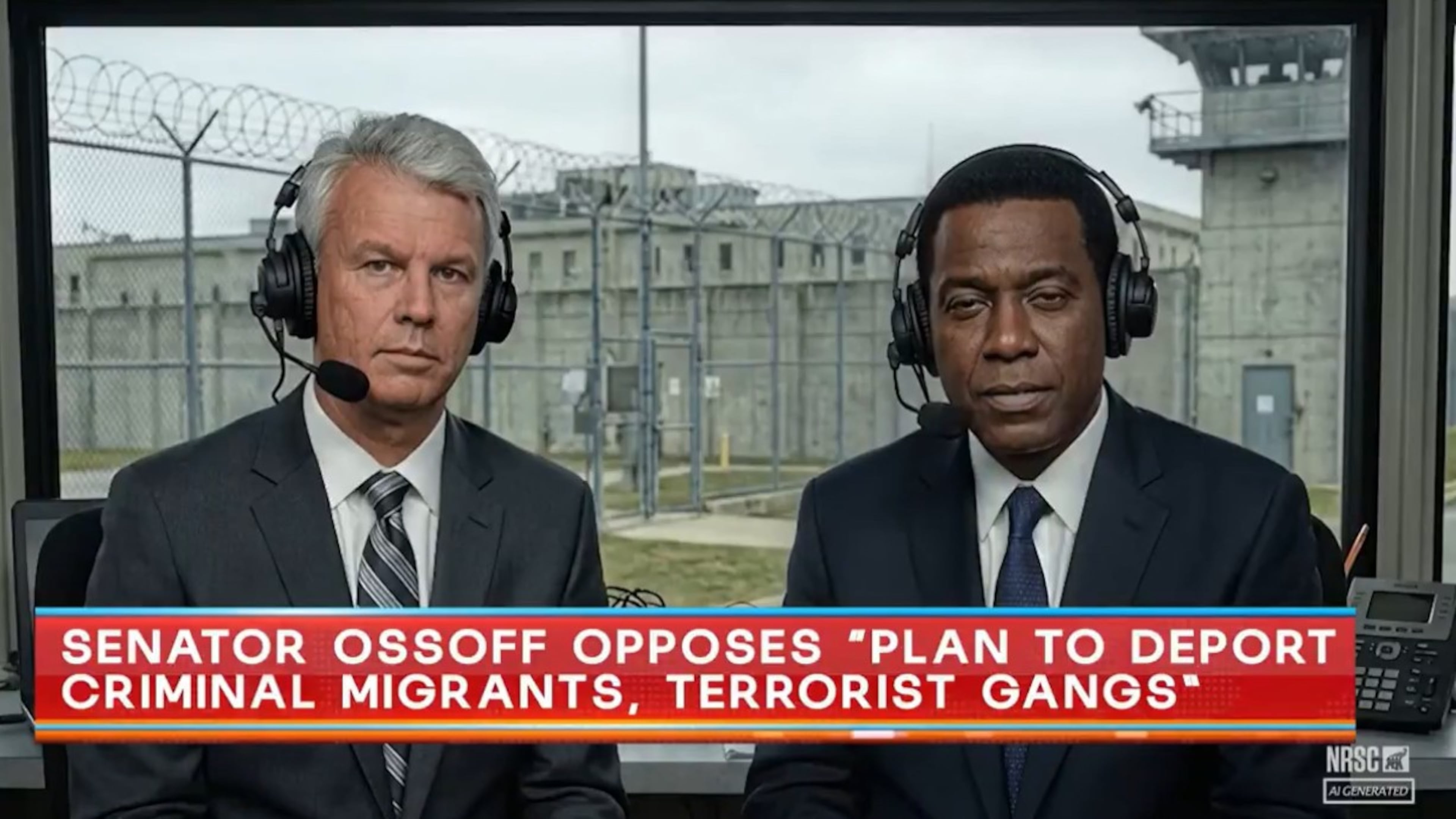 The National Senatorial Campaign Committee used artificial intelligence to create two "sportscasters" in front of a detention facility to attack U.S. Sen. Jon Ossoff in a recent ad. Dec. 6, 2025. (NRSC via YouTube)