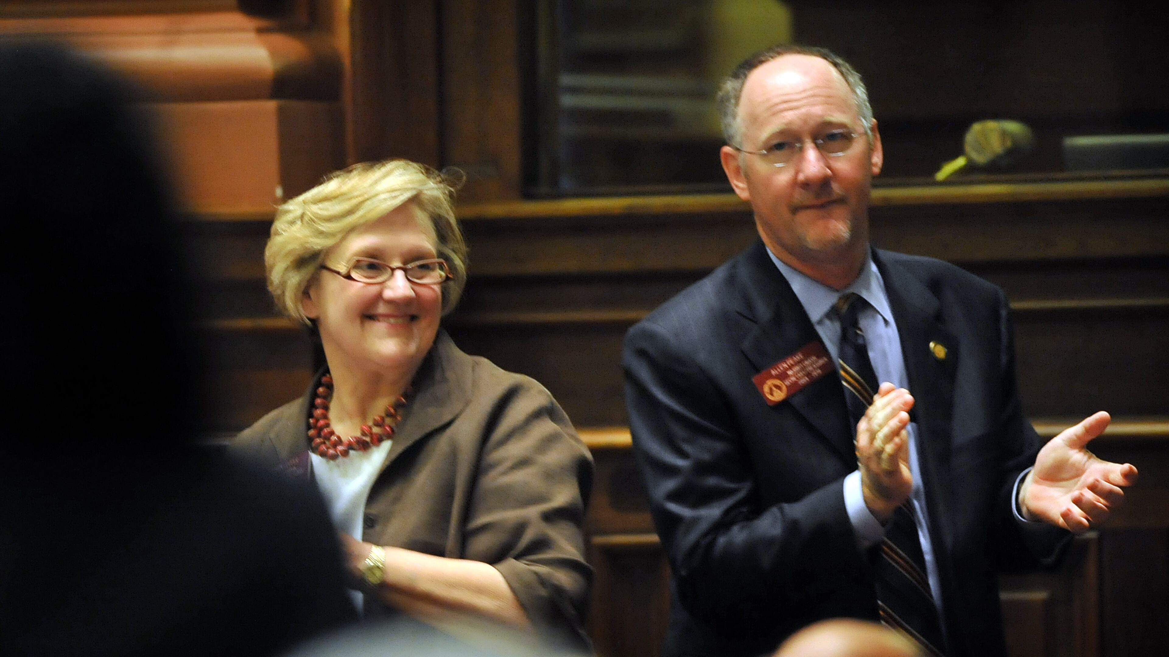 100427 Atlanta : Rep. Sharon Cooper (R-Marietta) Rep. Allen Peake (R - Macon) react after the House passed SB 458, which is to eliminate certain exceptions to the required use of safety belt, during the second to last day of the 2010 Legislative session at the state Capitol in Atlanta. Tuesday, April 27, 2010. Hyosub Shin, hshin@ajc.com State Rep. Sharon Cooper provoked backlash - and revived debate - when she mused about closing rural hospitals.