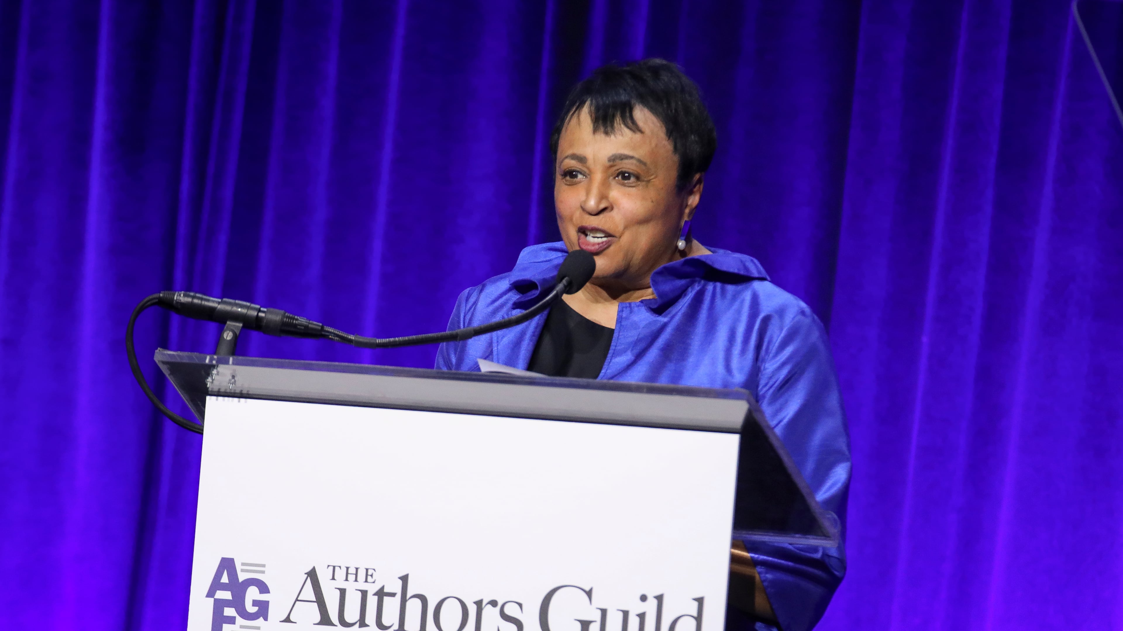 Dr. Carla Hayden speaks at the Authors Guild Foundation Gala at Cipriani Wall Street on Monday, April 20, 2026, in New York. (Photo by Andy Kropa/Invision/AP)