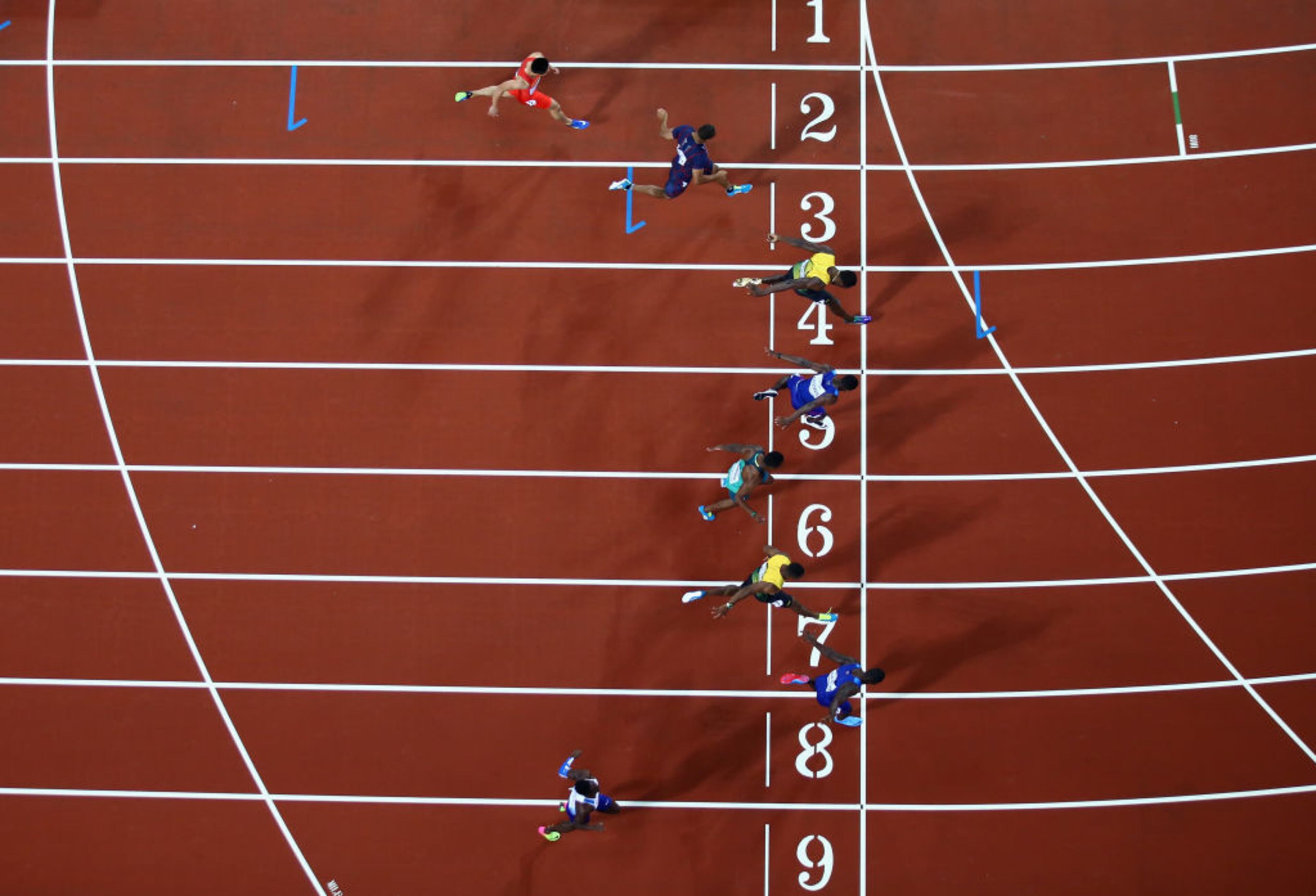LONDON, ENGLAND - AUGUST 05: (8-1) Reece Prescod of Great Britain, Justin Gatlin of the United States, (Winner) Yohan Blake of Jamaica, Akani Simbine of South Africa, Christian Coleman of the United States, Usain Bolt of Jamaica, Jimmy Vicaut of France and Bingtian Su of China cross the finish line in the men's 100m final during day two of the 16th IAAF World Athletics Championships London 2017 at The London Stadium on August 5, 2017 in London, United Kingdom. (Photo by Richard Heathcote/Getty Images)