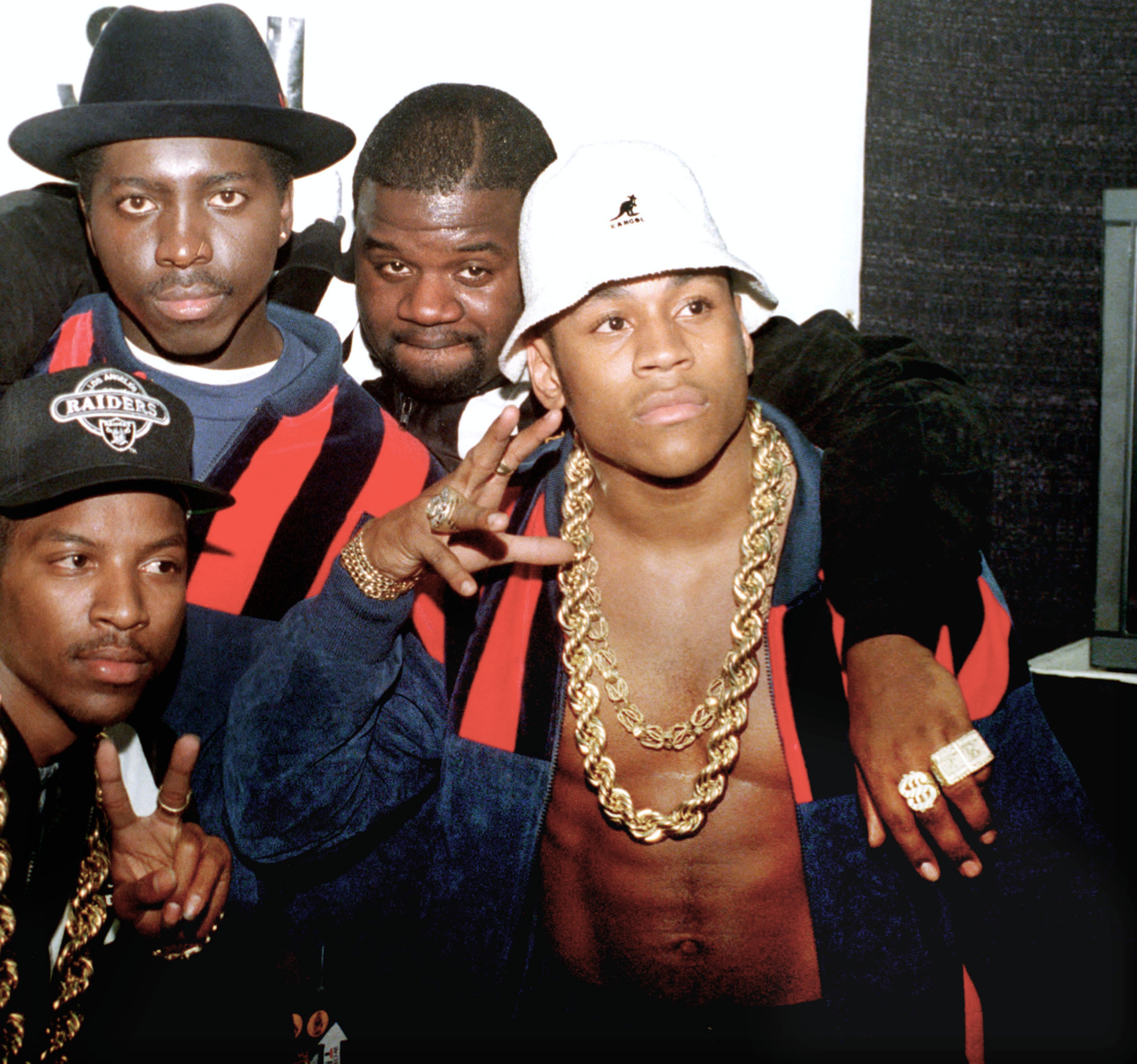 In this March 30, 1988 file photo, from left: Bobcat, E. Love, Cut Creator and LL Cool J pose at the Soul Train Music Awards in Santa Monica, Ca. (AP Photo/Bob Galbraith)