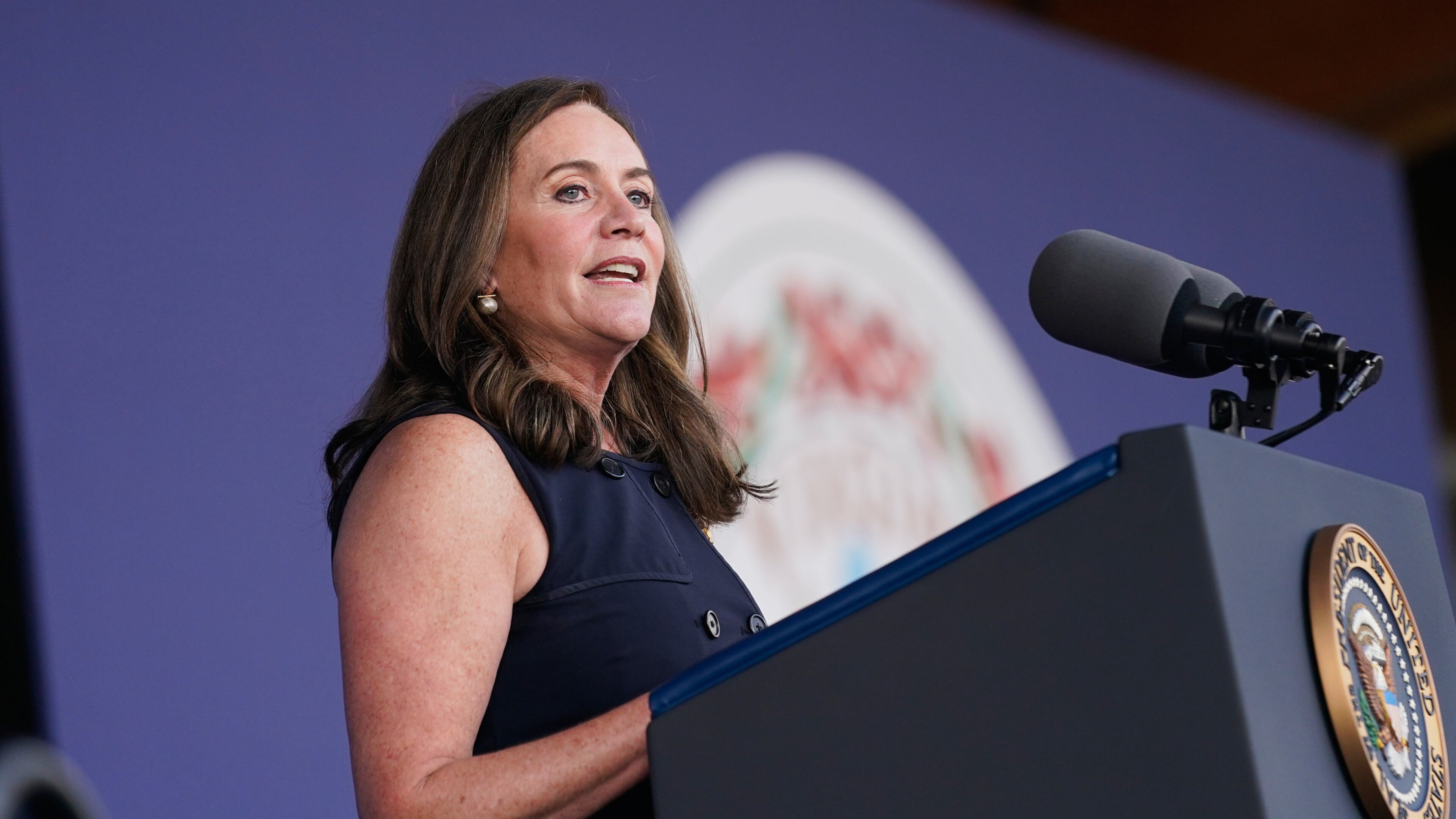 FILE - Dorothy McAuliffe speaks during a campaign event for her husband Virginia democratic gubernatorial candidate Terry McAuliffe at Lubber Run Park, July 23, 2021, in Arlington, Va. (AP Photo/Andrew Harnik, File)