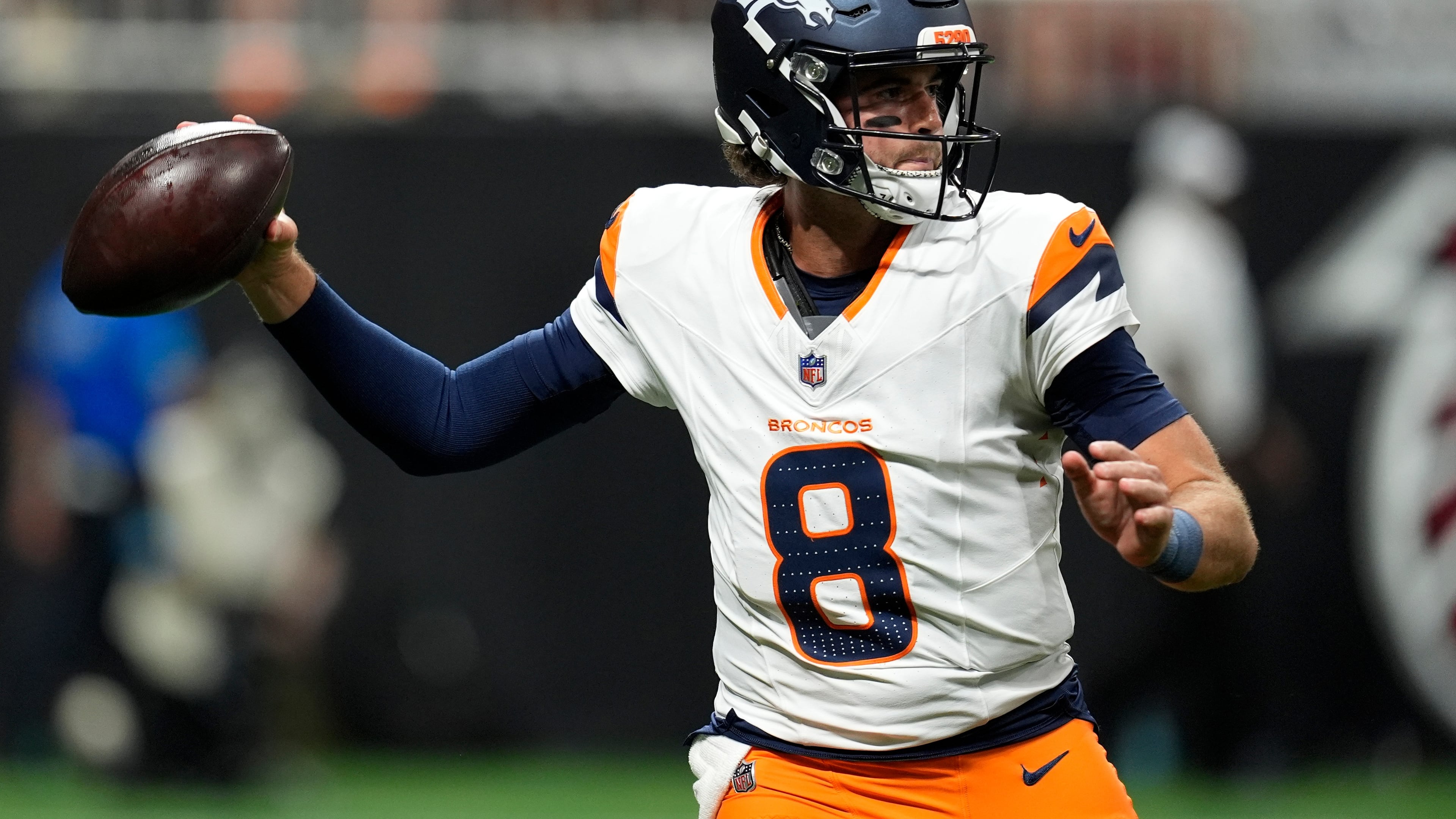 Denver Broncos quarterback Jarrett Stidham (8) passes during the first half of a preseason NFL football game, Friday, Aug. 14, 2026, in Atlanta. (AP Photo/Mike Stewart)
