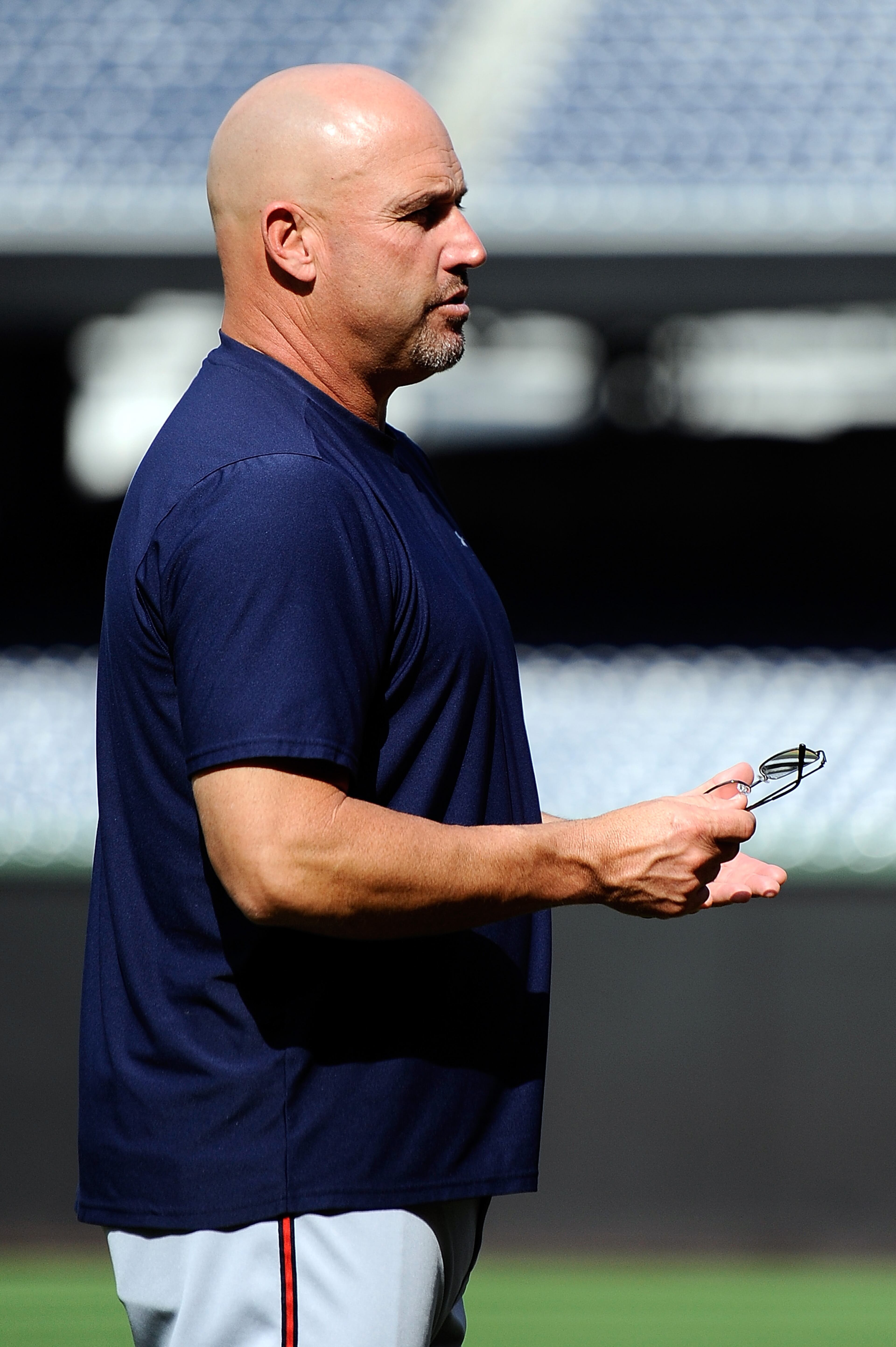 Manager Fredi Gonzalez of the Atlanta Braves gestures on the field at Nationals Park on Sept. 16, 2013, in Washington, D.C.